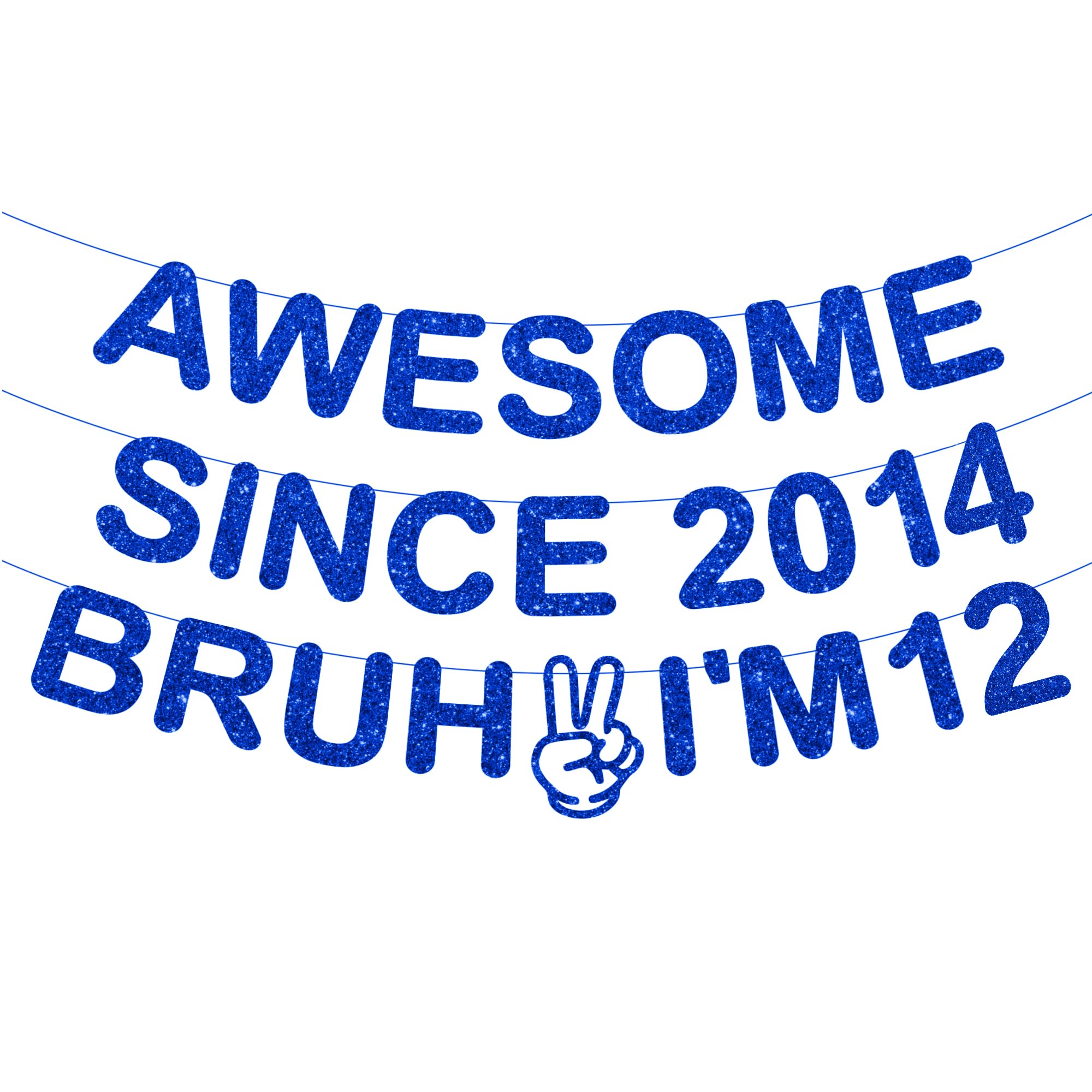 12th Birthday Decorations Banner Boys - 3 Pcs Pre-Strung Blue Glitter Awesome Since 2014 Bruh I'M 12 Lettering Banner for Boys Girls Teens 12 Year Old Birthday Celebrations Party Decor Supplies — image 1