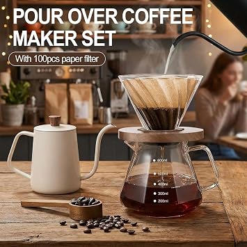 Pour Over Coffee Maker, 600ml/20oz Borosilicate Glass Carafe with Paper Filters, Walnut Base & Glass Lid, Holds 3 Cups, Ideal for Home, Café or Camping