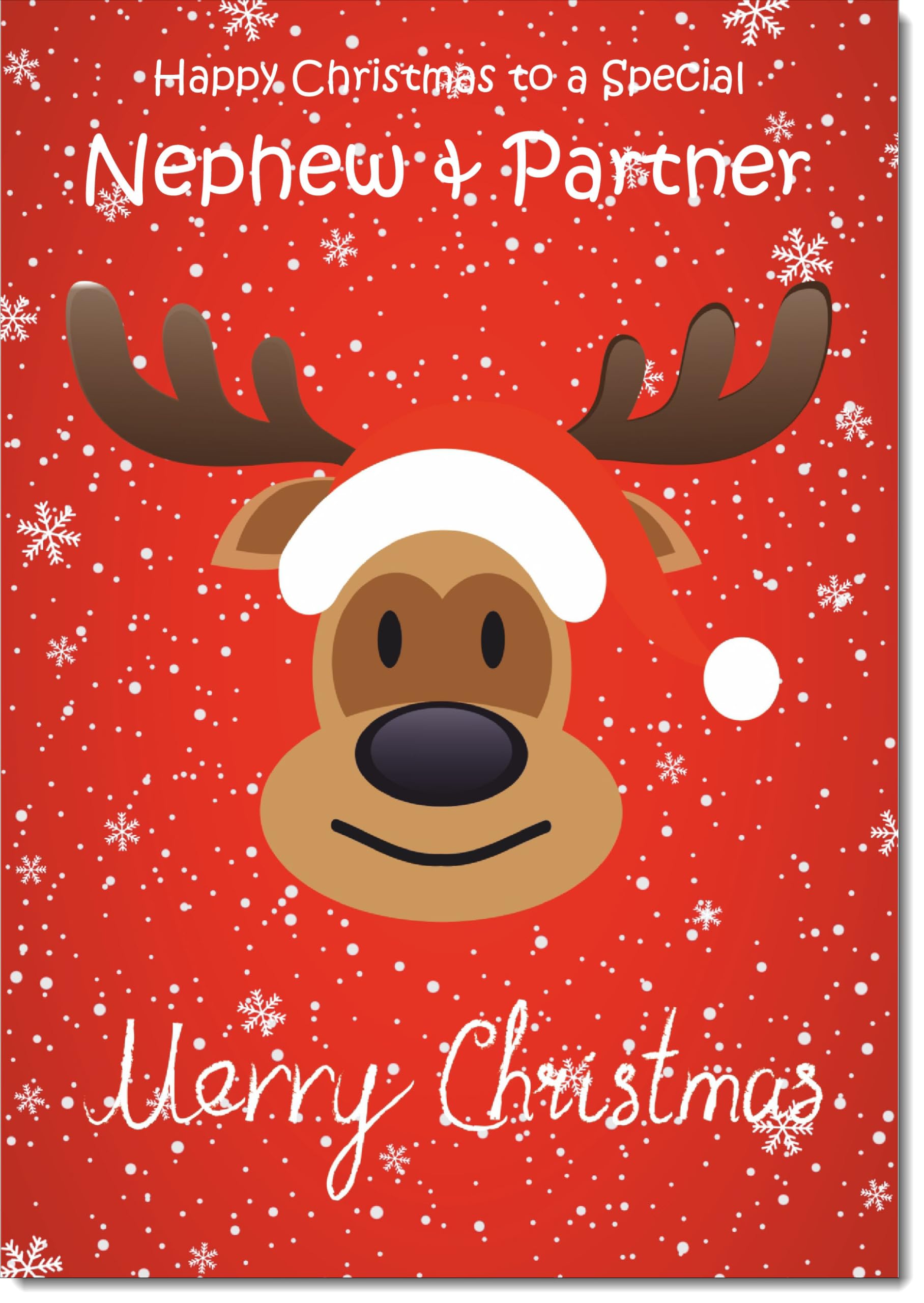 doodlecards Nephew and Partner Christmas Card Rudolph on Red Background Large A4 Size Christmas Card for Nephew & Partner with Plain Envelope — image 1