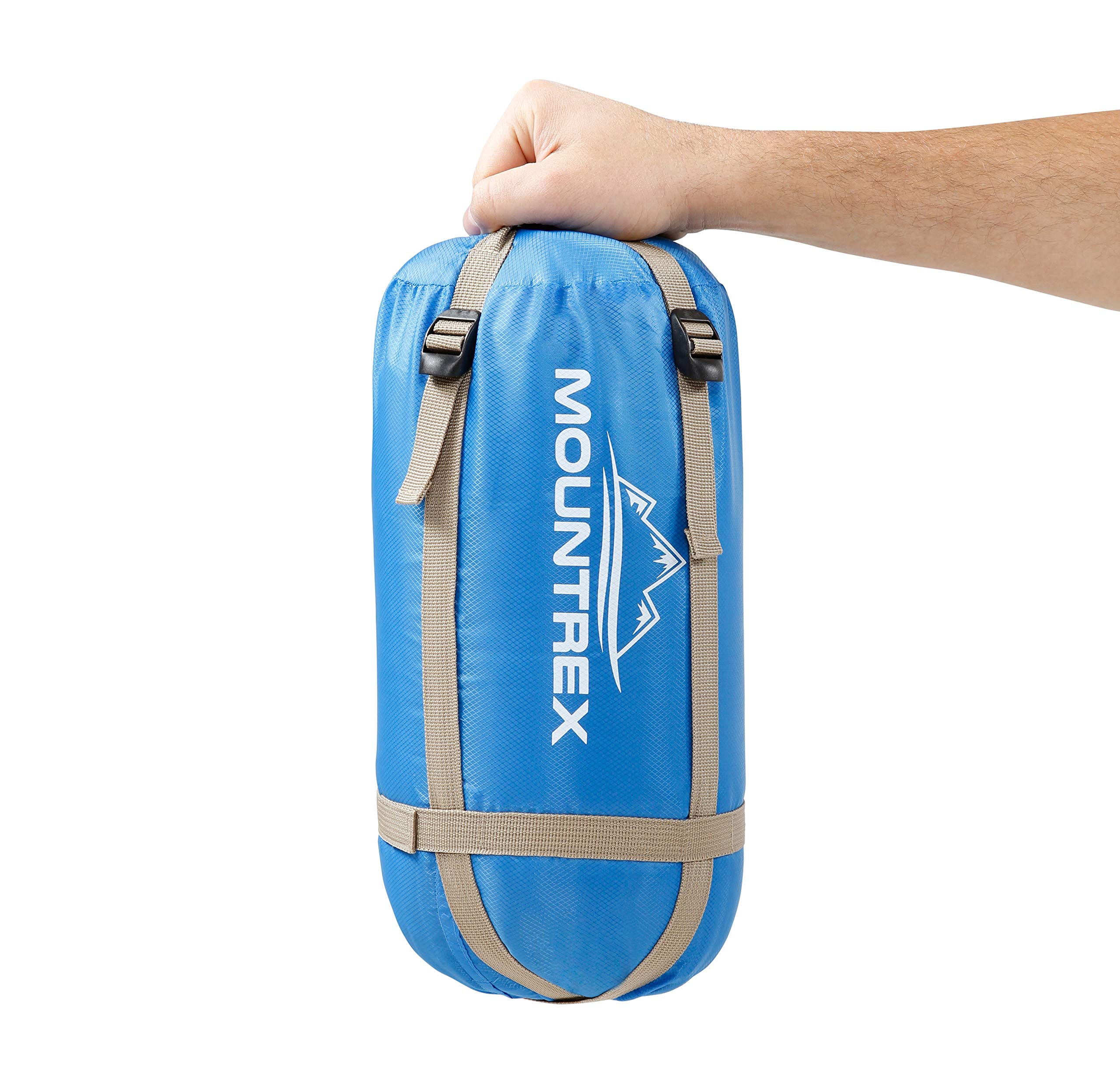 MOUNTREX Sacco a pelo - ultraleggero e compatto (850g) | Sacco a pelo estivo all'aperto - Sacco a pelo mummia (205x75cm) | Small Pack Size | Cuscino da viaggio GRATUITO…