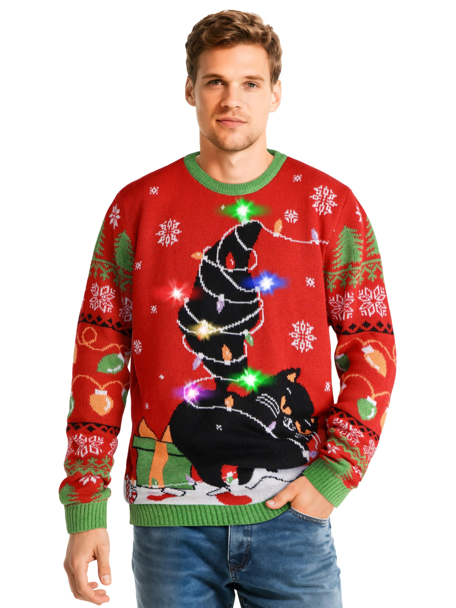 Photo 1 of **HAS MATERIAL DAMAGE*** SOMSOC LED Light Up Ugly Christmas Sweater for Women Men, Xmas Jumpers Funny Knitted Sweaters with Light Bulbs