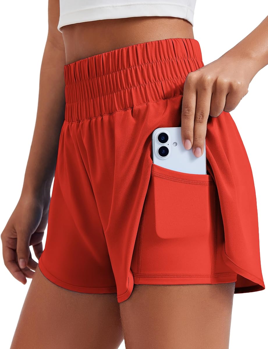 PINSPARK Women's 2 in 1 Running Shorts High-Split Athletic 3" Liner Short | Elastic High Waisted, Built-in Shorts, Quick Dry, Lightweight, 4-Way Stretch,Two Inner Pockets