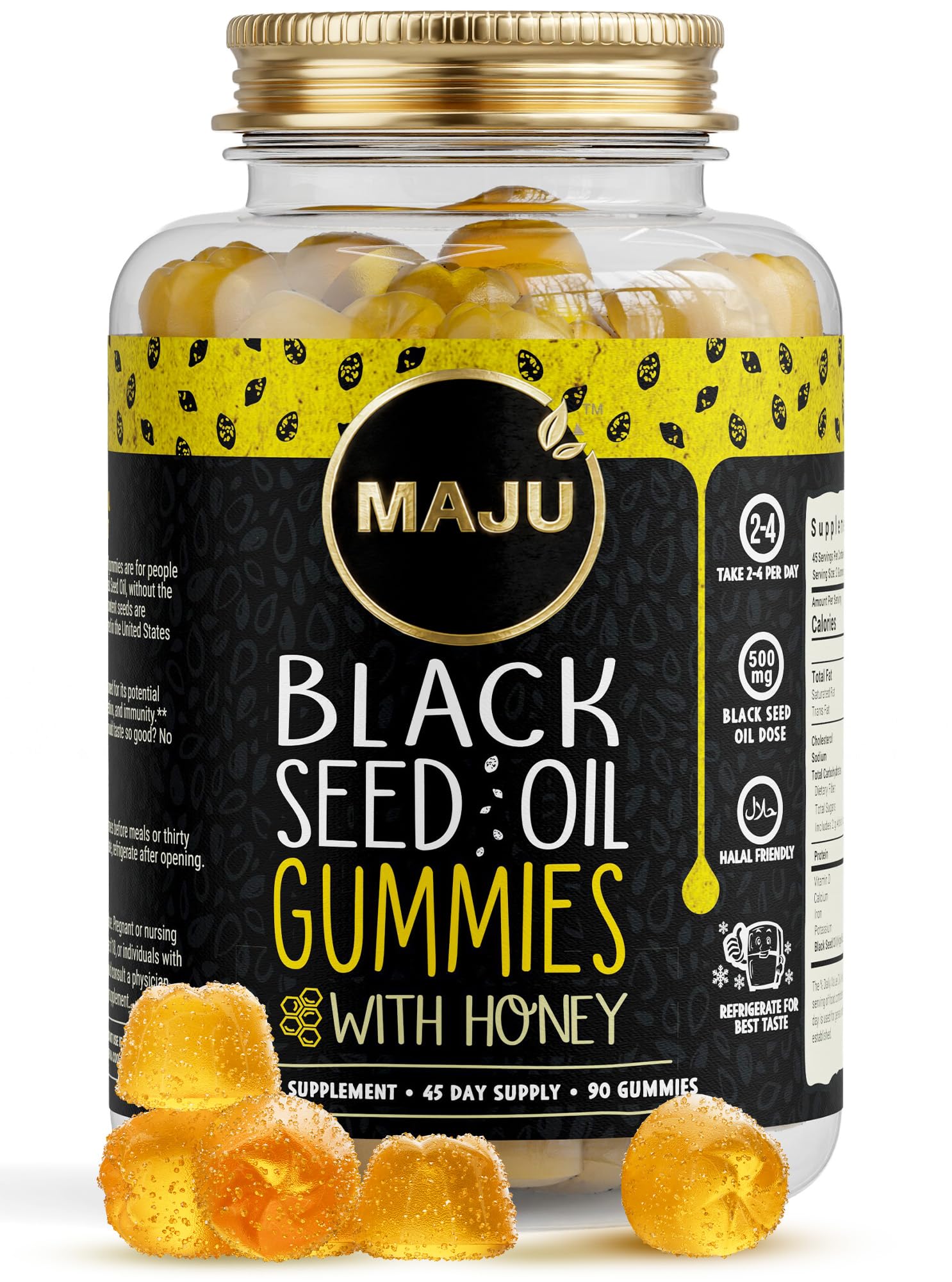 Μαύρο έλαιο σπόρων MAJU με μέλι 90ct, 500mg BSO Gummy, μαύρο σπέρμα Cumin Nigella Sativa Oil, κρύο-Pressed, ισχυρή Φόρμουλα, 90ct