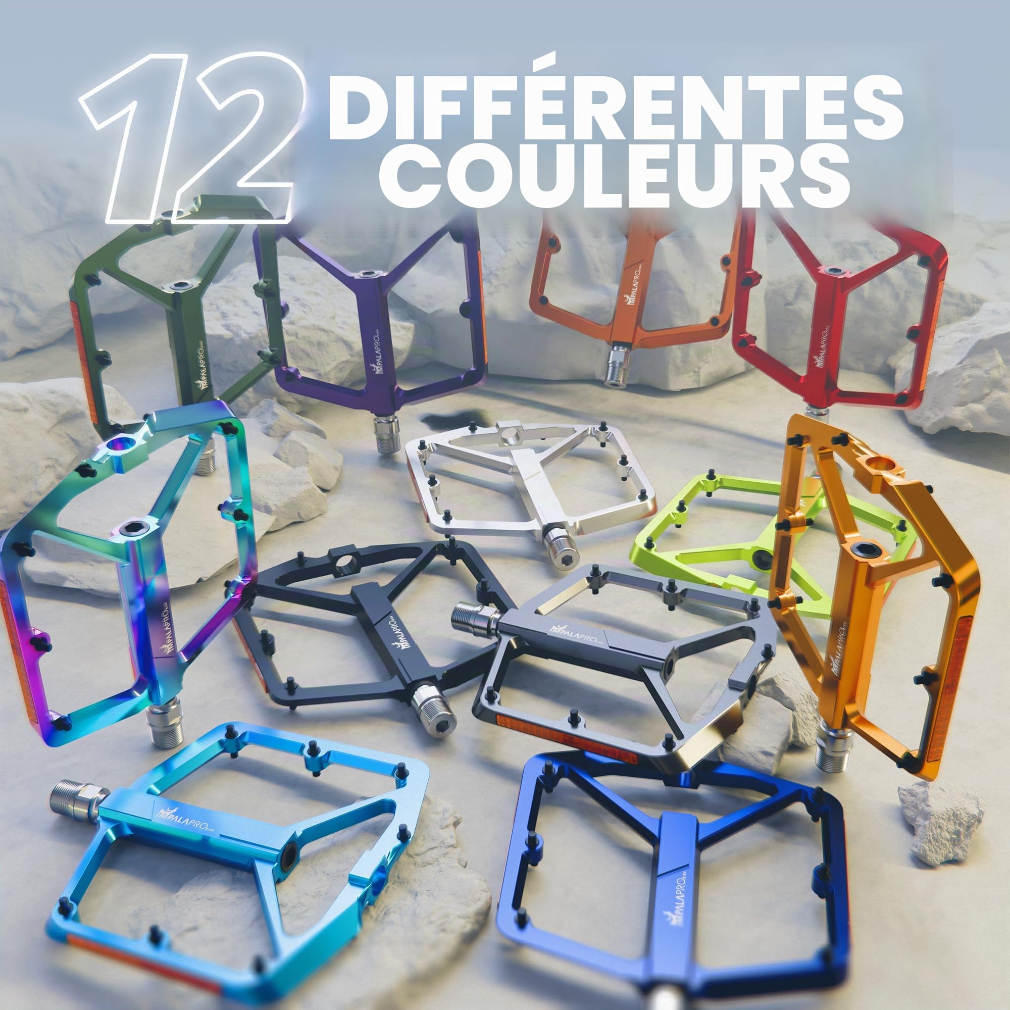 IMPALAPRO Pédale Vélo avec Bandes Réfléchissantes Aluminium CNC 9/16” – Pédales VTT à Large Plateforme avec Picots Antidérapants Amovibles – Pédale Vélo Route Légère 355 g