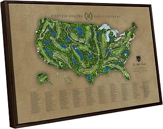 HolyCowCanvas Top 250 Golf Courses in the USA Push Pin Travel Map on Canvas, 150 Private/100 Public Courses, 5 Sizes, United States Map with Push Pins (24"x20", Framed, Taupe)