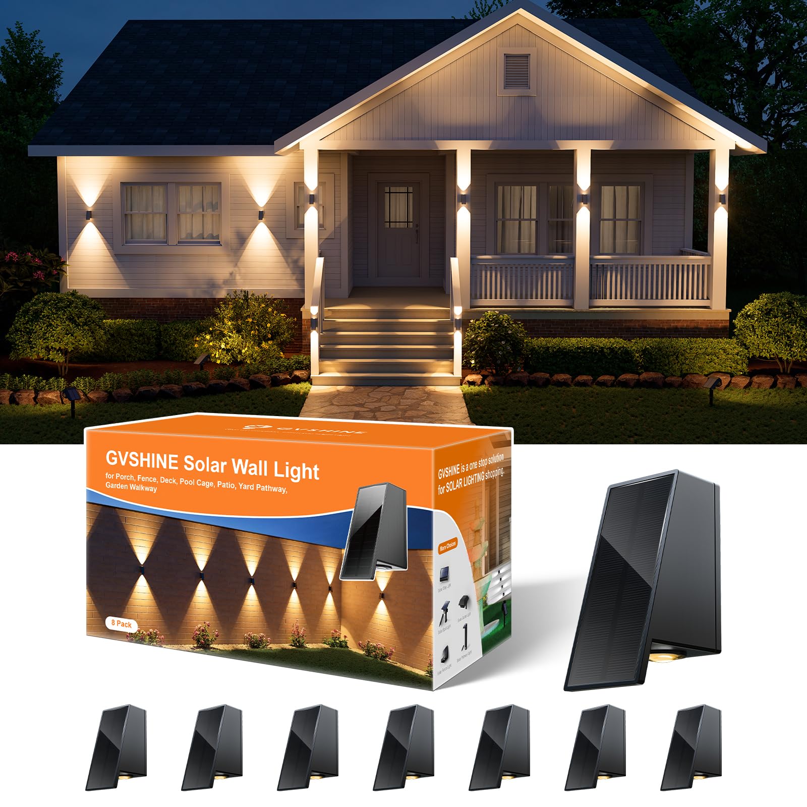 8 Pack Solar Powered Fence Lights Outdoor Waterproof Wall Mount Up and Down LED Decorative Lamps for Outside Patio, House, Backyard, Porch, Deck, Garden with Bright Lens Easy to Install (Warm White)-image-22