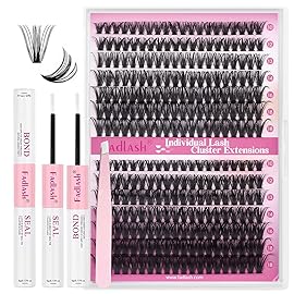 FADLASH Lash Extension Kit 50D+60D Lash Clusters D Curl Lash Cluster Kit DIY Eyelash Extension Kit with Lash Bond and Seal Lash Tweezer Cluster Lashes (Kit, 50D+60D-07D-Mix10-18)