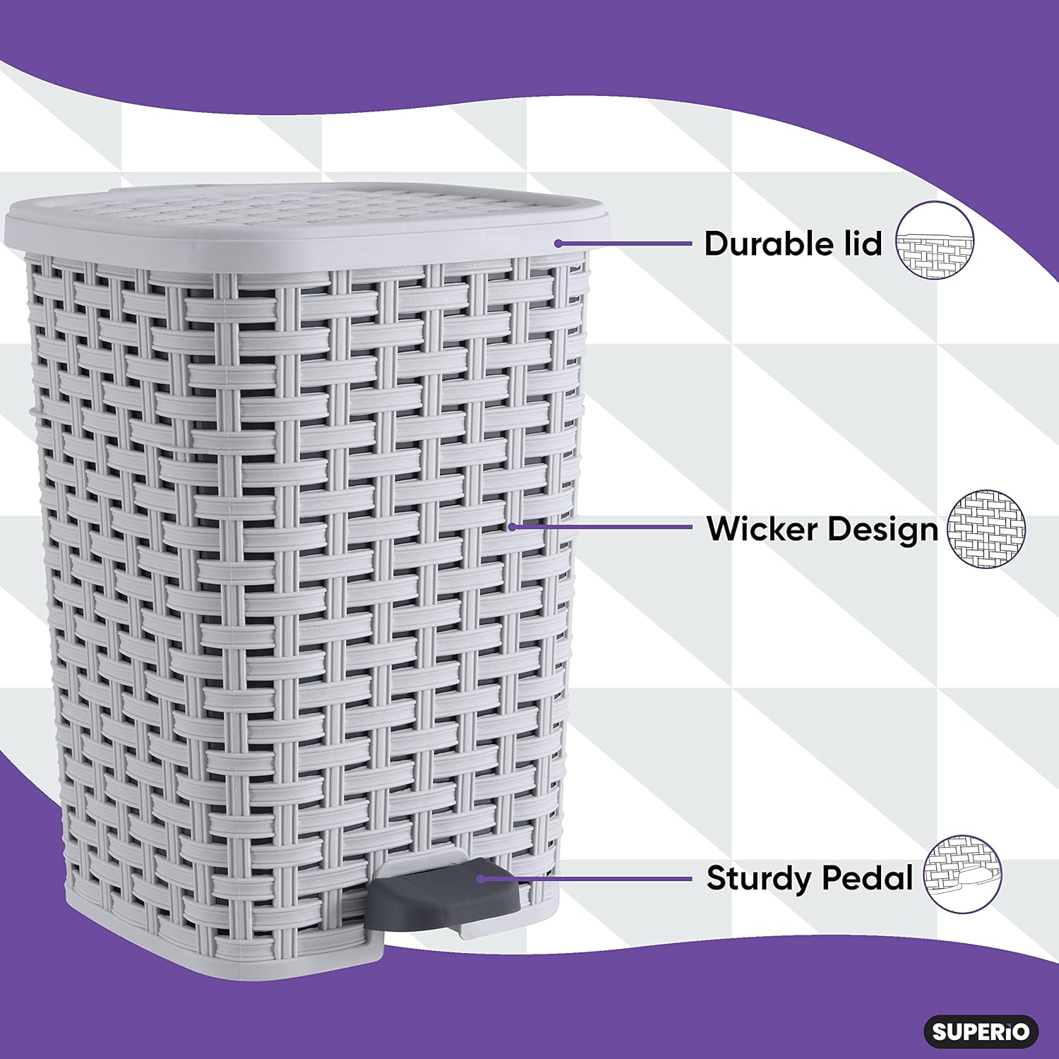 Superio Small Outdoor Trash Can with Lid for Dog Poop 3 Gallon/12 L Mini Plastic Garbage Can with Foot Pedal for Bathroom, Bedroom, Office, Patio, Wicker Smoke