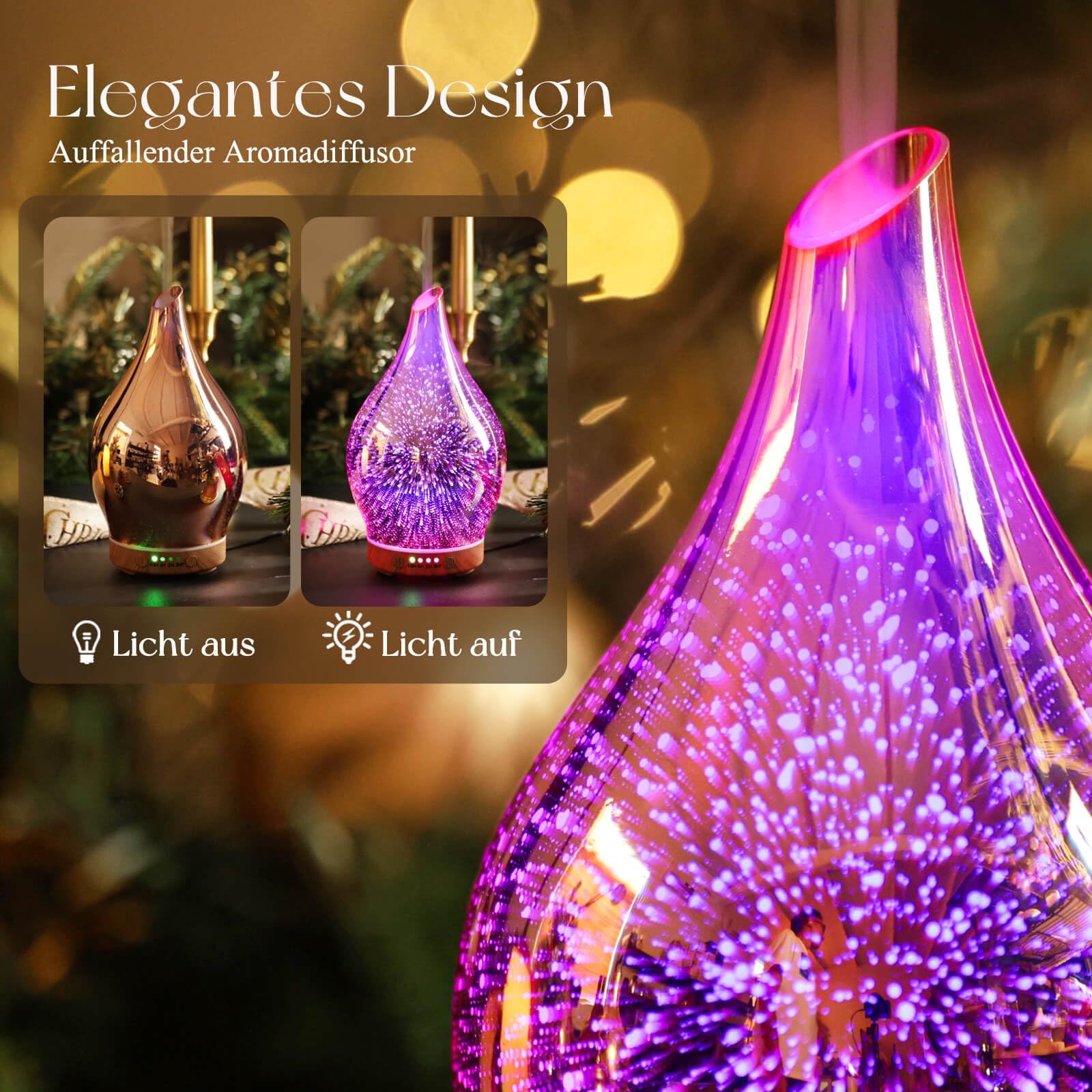 Porseme Aroma Diffuser 150ml, Handgeblasen 3D Glas Luftbefeuchter, Ultraschall Aromatherapie Öle Diffusor mit 7 farbigem LED Licht, Diffusor für Ätherische Öle mit Timer BPA Frei für Wohnung(RoseGold)