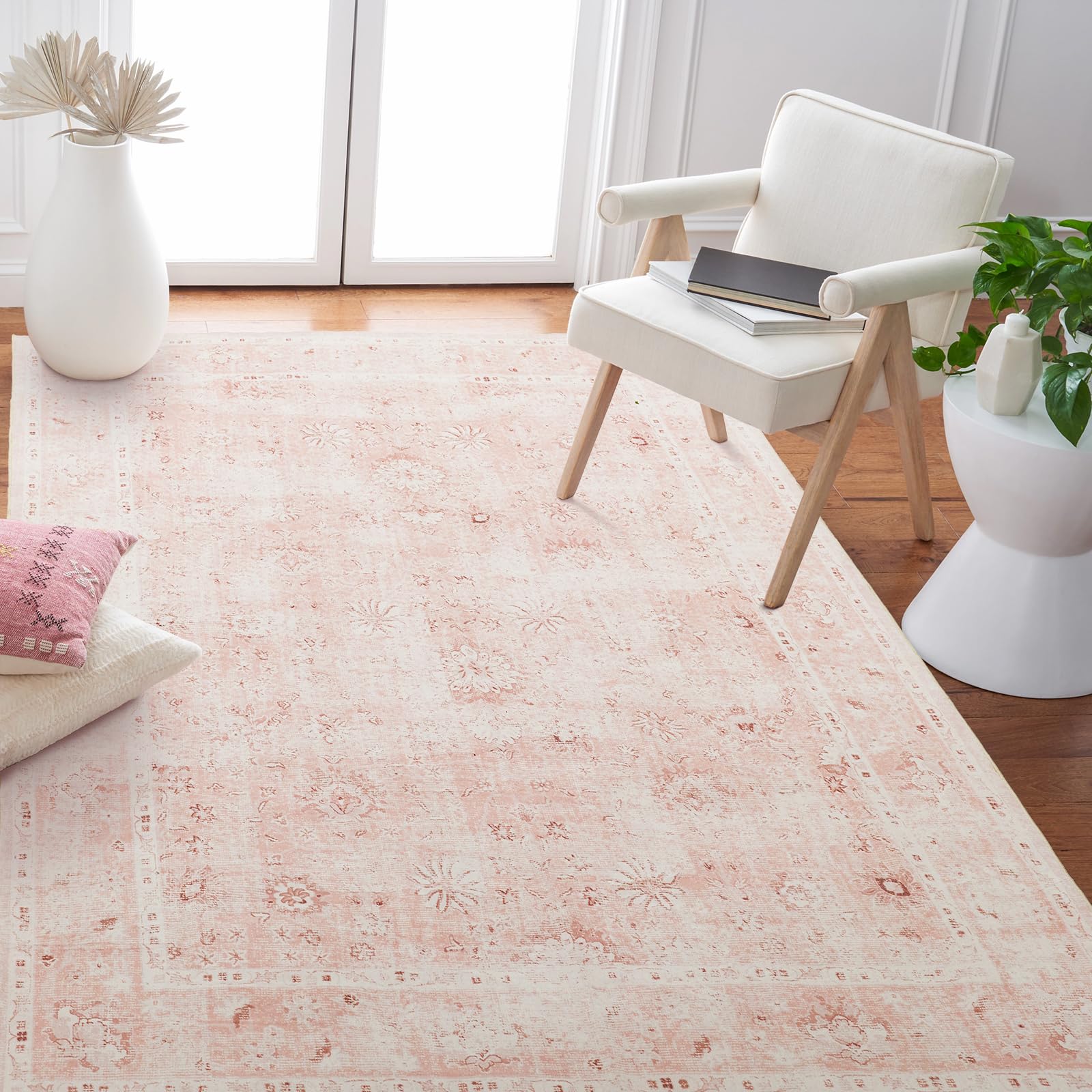 LIMON HOME Area Rug 4x6 Pink Printed Door Mat for Indoor Entryway,Machine Washable Non Slip Blush Floral Aesthetic Soft Faux Wool Carpet for Living Room Nursery Room Dorm Kids Playroom Home Office