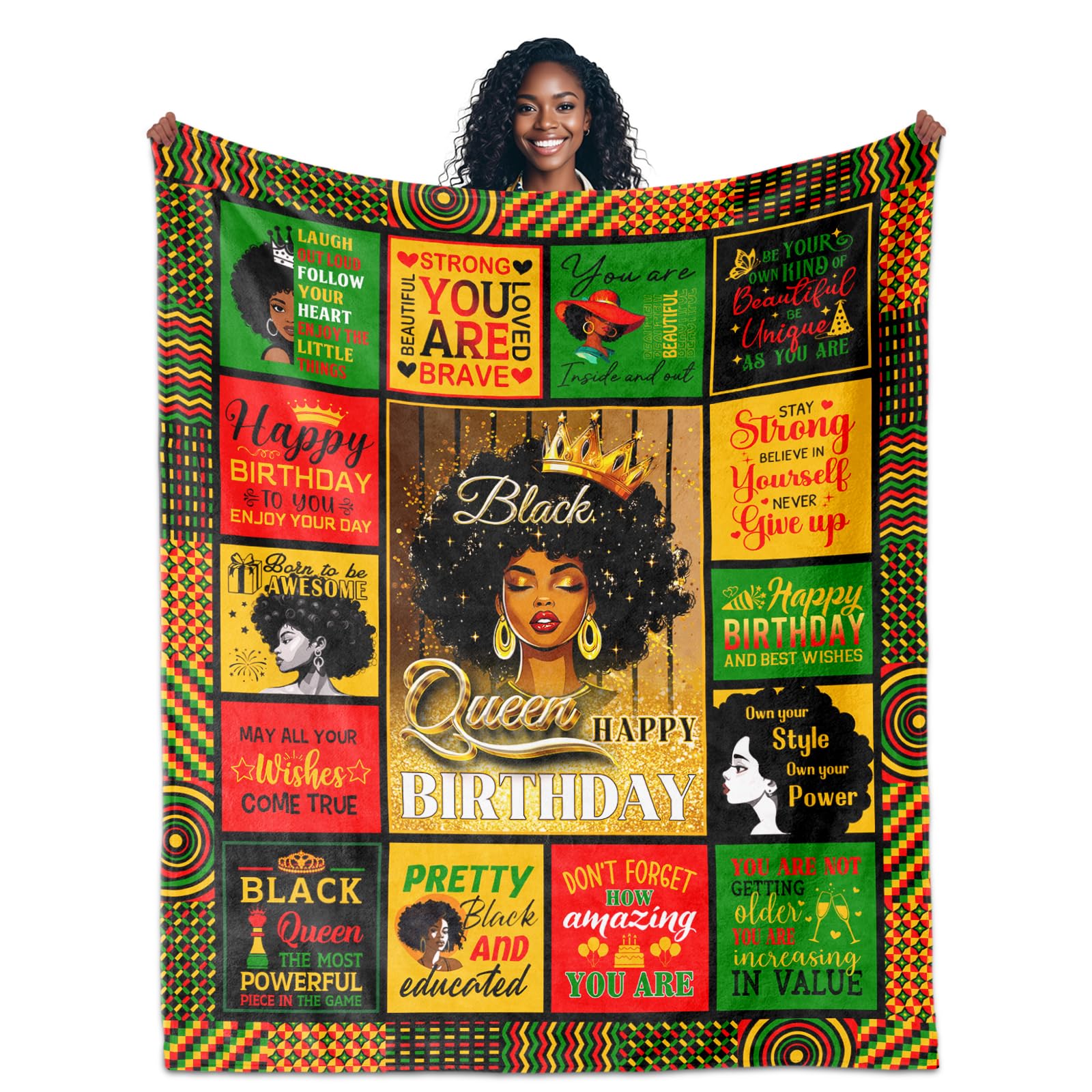 IWADNYI African American Birthday Gifts for Women, Happy Birthday Gifts for Black Lady Women Positive Encouragement Inspirational Bday Blanket 60"X50"