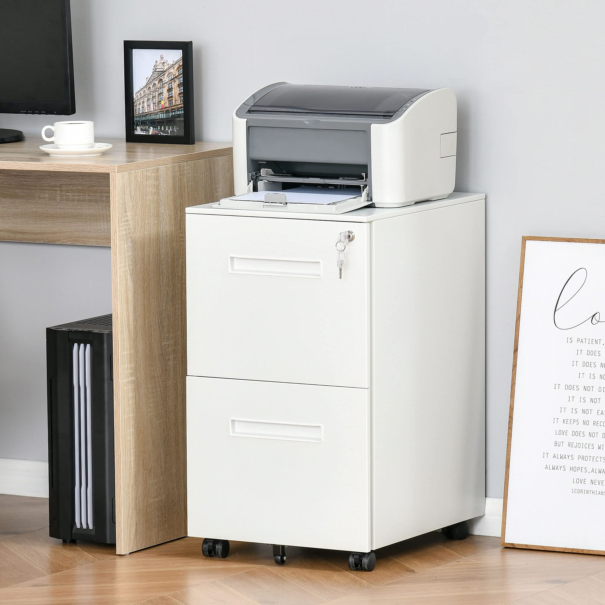 Vinsetto Cassettiera Ufficio con Ruote e 2 Cassetti 39x48x67cm Bianco | Schedario Portadocumenti, Serratura e 2 Chiavi, in Acciaio