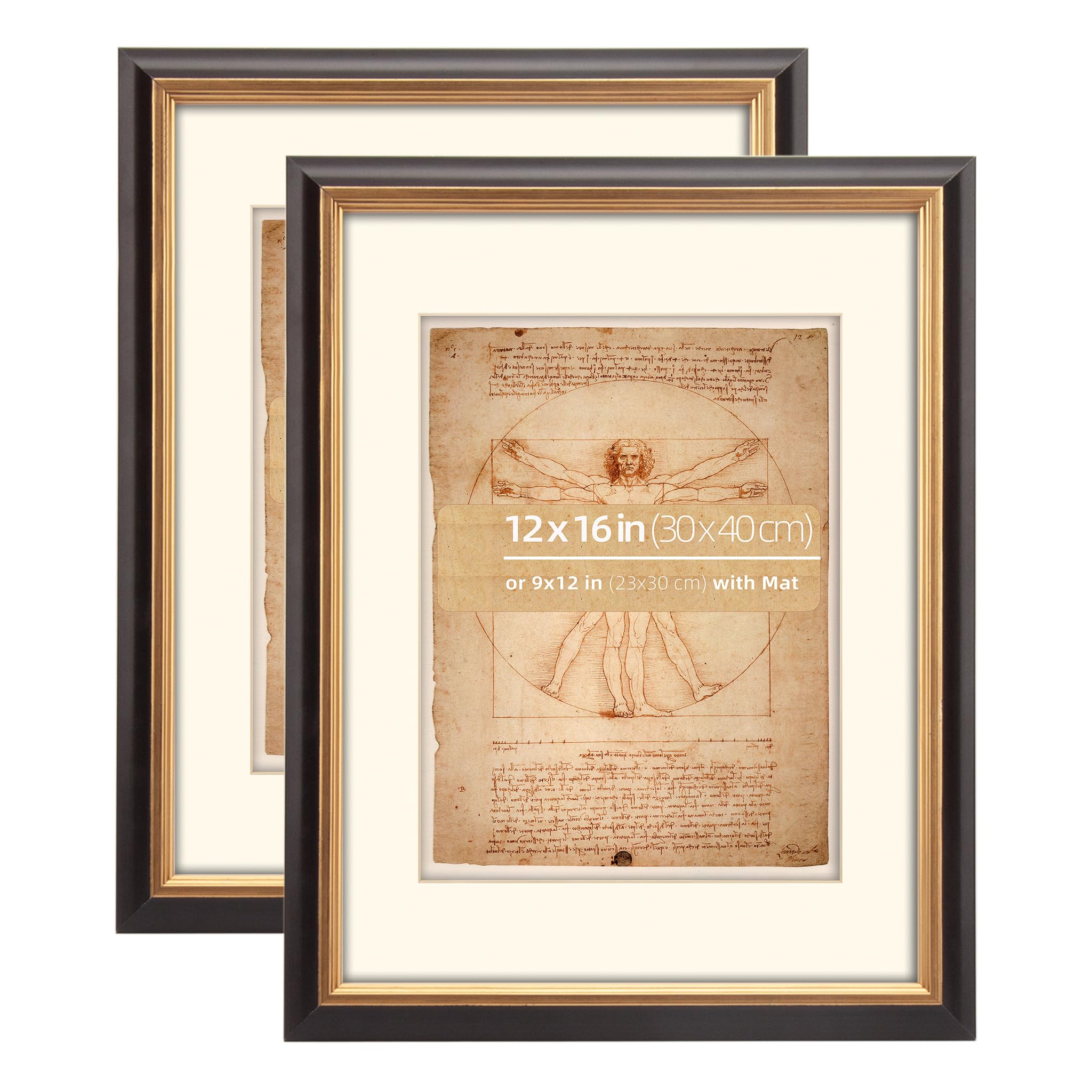 Eitida Gold Black 12X16 In (30X40 Cm) Black And Distressed Gold 2 Tone Vintage Retro Picture Frame, With Mat For 9X12 (23X30 Cm) Art, Wall Hanging Photo Display Horizontally Or Vertically, Gold Inner, Pack Of 2