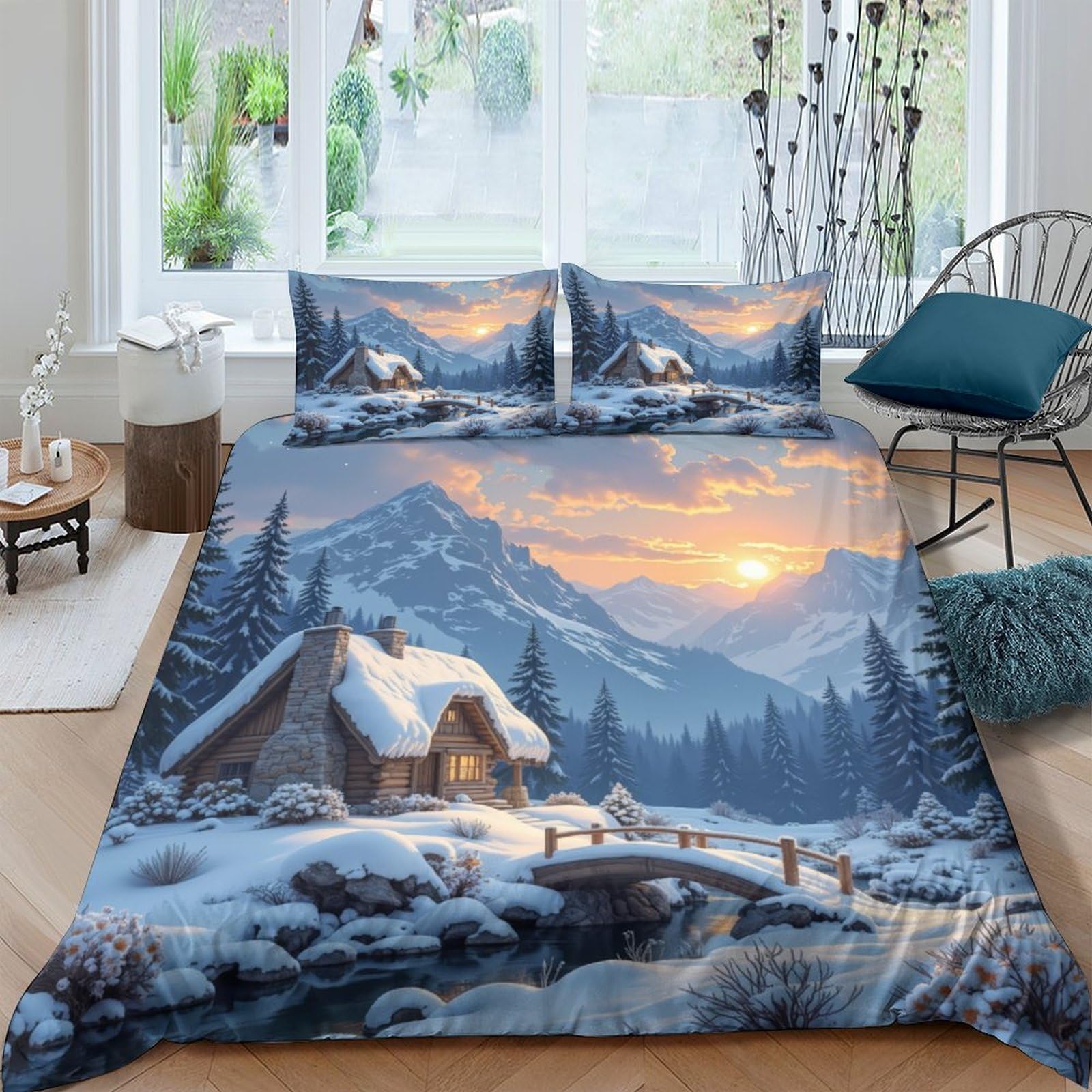 P5V6M1Q9 3D Printed Winter Mountain Cabin Duvet Cover Microfiber Soft Breathable Sunset Landscape Bedding Set with 2 Pillowcases for Bedroom Decor Single（135x200cm）