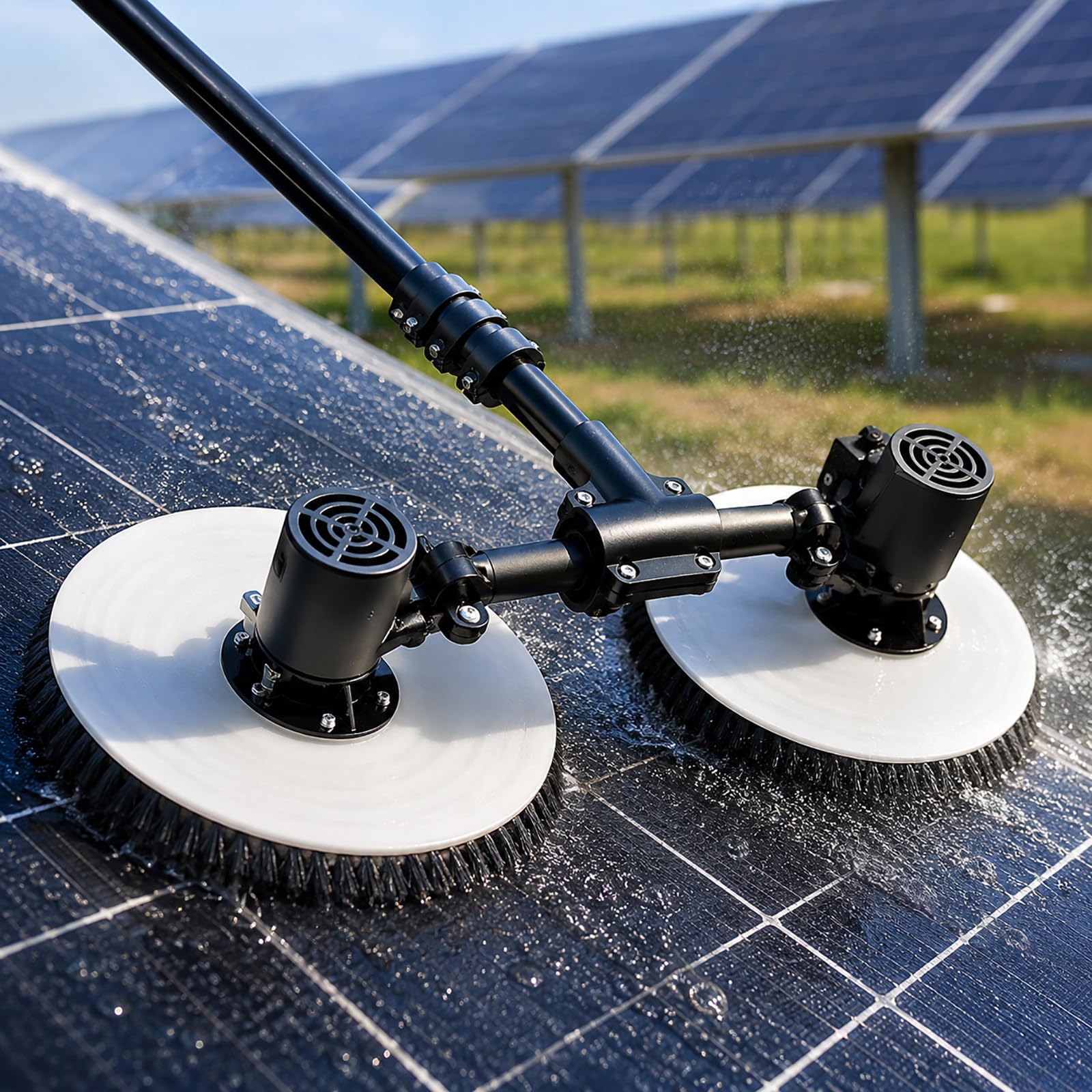 vnmudzeo Electric Solar Panel Cleaner with Water Hose – Dual Head Rotating Brush, 65cm Nylon Cleaning Head for PV Panels, RV Panels and Glass Roofs 7.5m(24.6ft)