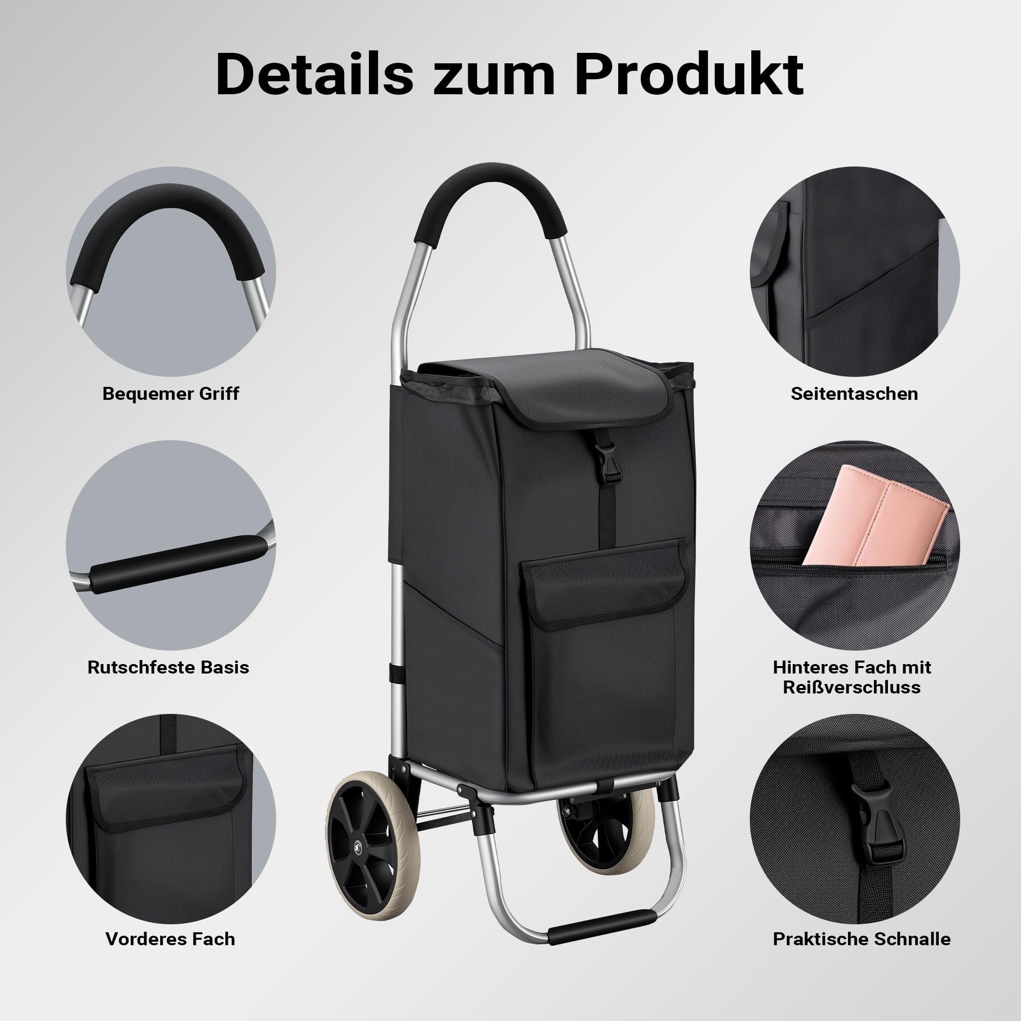 Wiltec Einkaufstrolley klappbar 36,5 x 44 x 103 cm bis 40 kg, Hackenporsche mit Zwei Rädern, Faltbarer Trolly Einkaufswagen mit Handgriff, Shopping Trolley mit großer Einkaufstasche