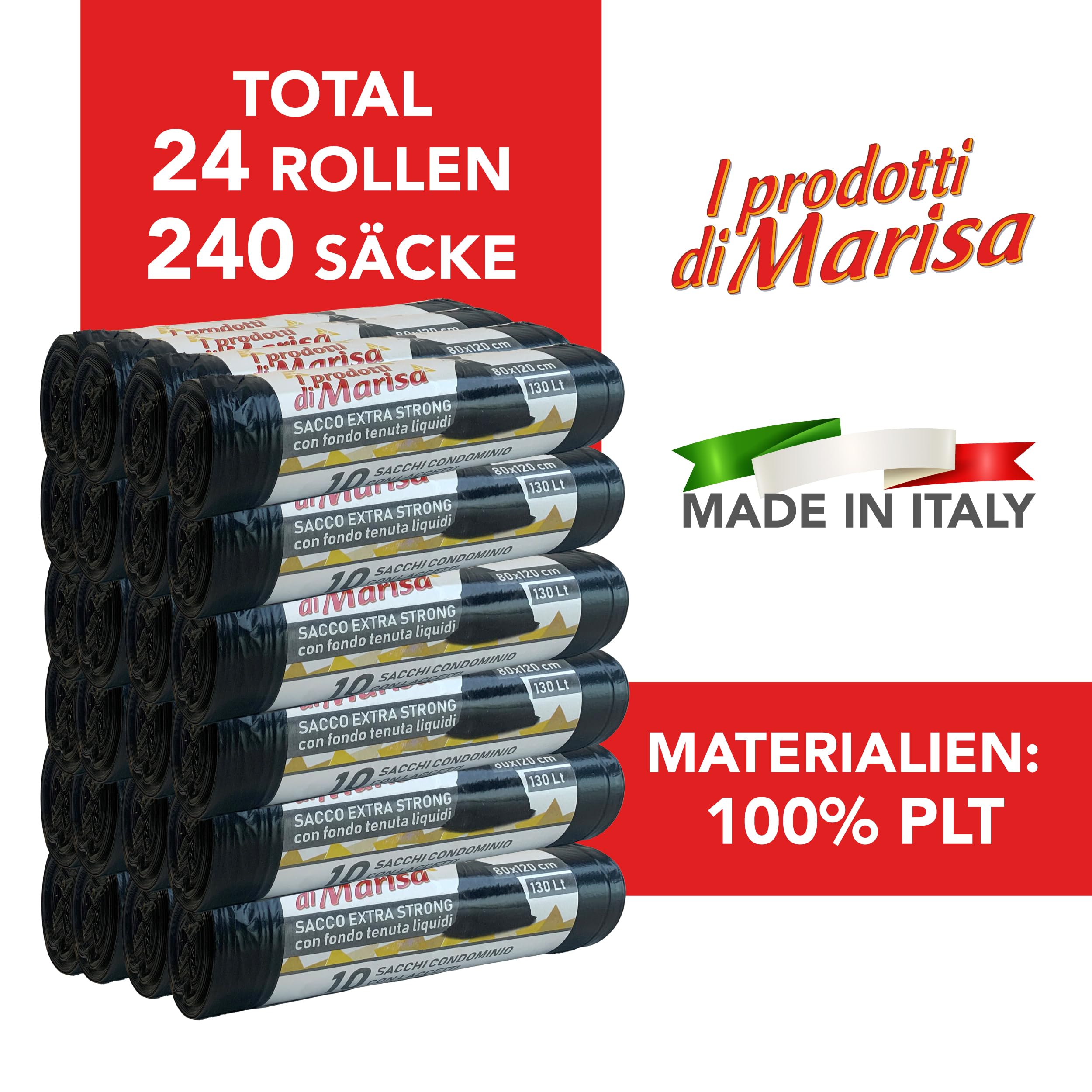 CSC – Müllbeutel 130L mit Zugband, 240 Stück, Extrastark Große Müllsäcke, Mülltüten und Gartensäcke für Separate Sammlung im Innen- und Außenbereich, Reißfest & Flüssigkeitsdicht – 24 Rollen, Schwarz