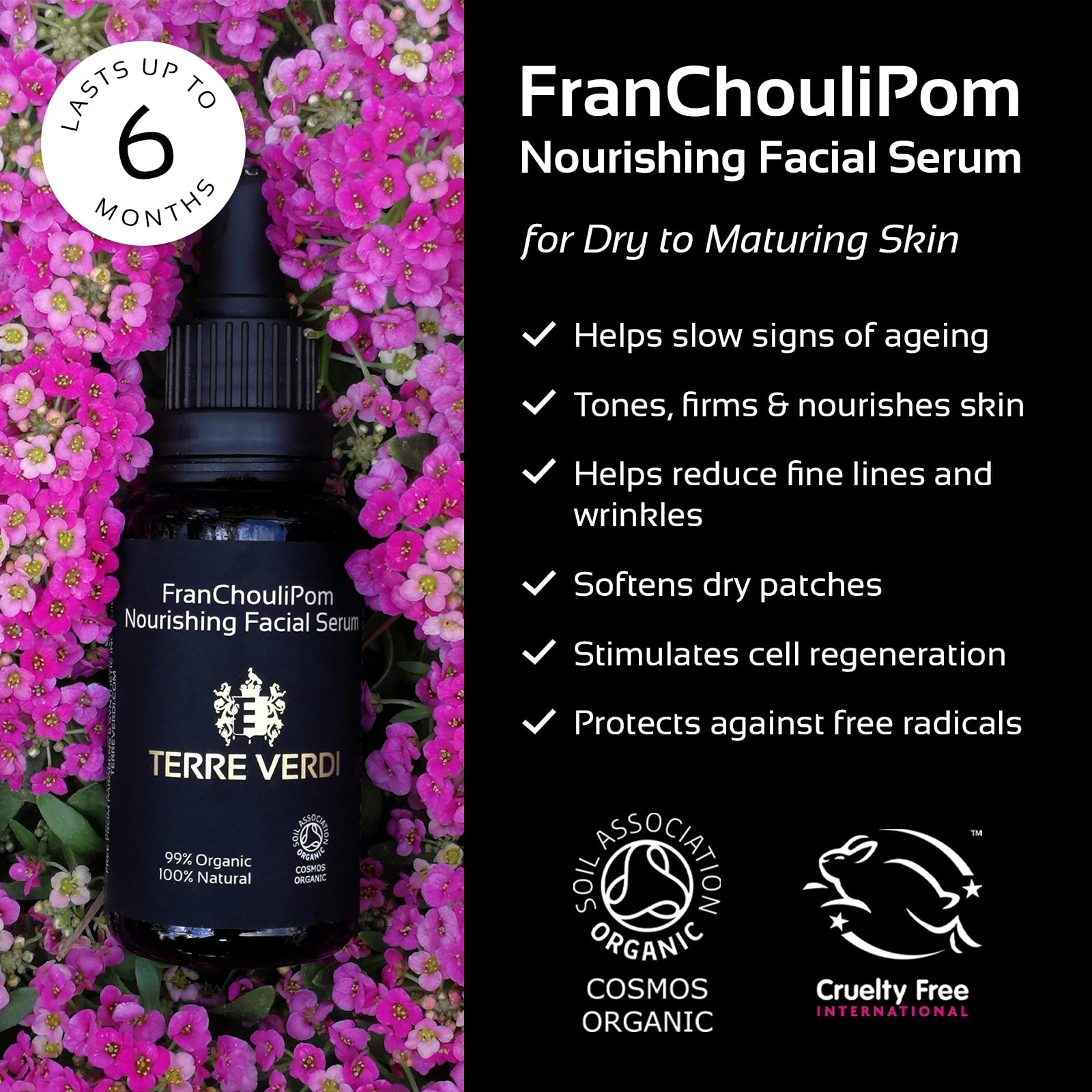 Terre Verdi Certified Organic Face Serum, FranChouliPom, Vegan Facial Serum, Anti Aging Face Serum & Face Oil with Argan Oil - Image 2