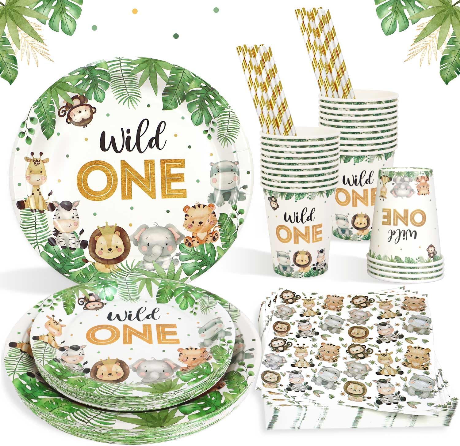Wild One Birthday Decorations Paper Plates Set for 25 Guests, Boys Safari Jungle Theme Party Decorations Paper Plates Cups Napkins Straws Tableware Wild One Party Supplies