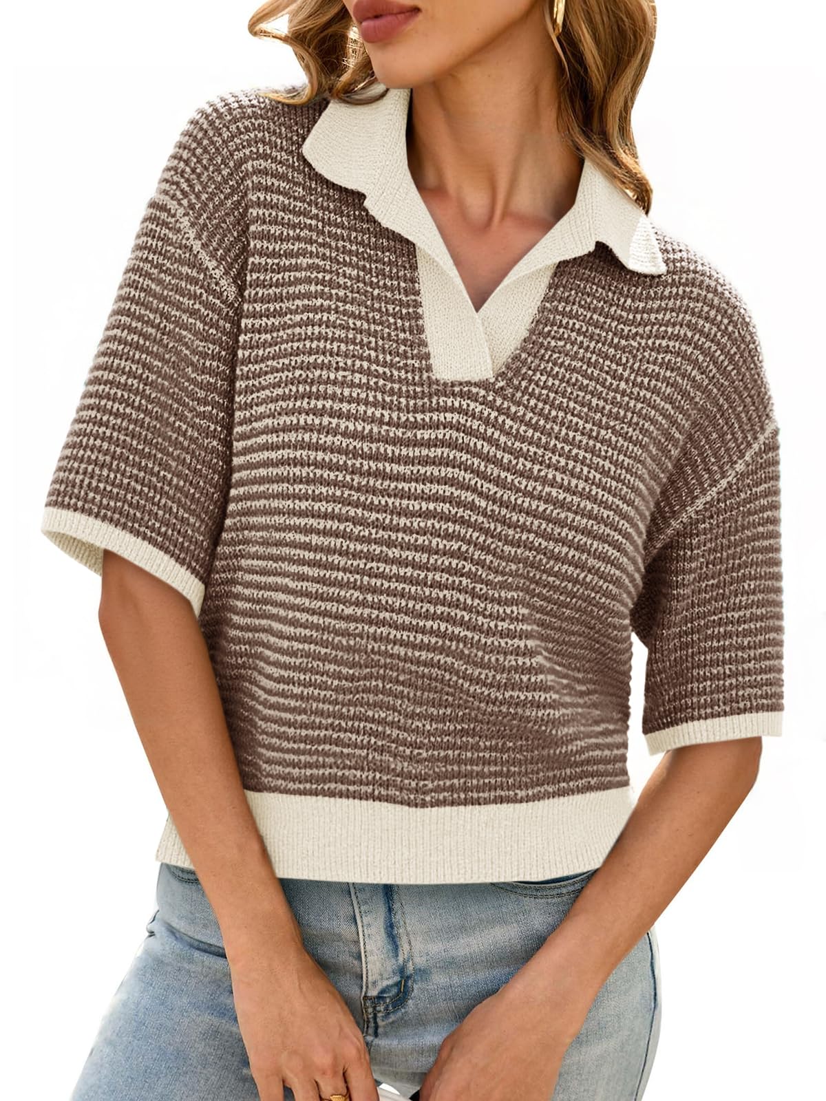 Cicy Bell Womens Striped Cropped Sweaters Tops Color Block Short Sleeve Knit V Neck Fall Casual Pullover
