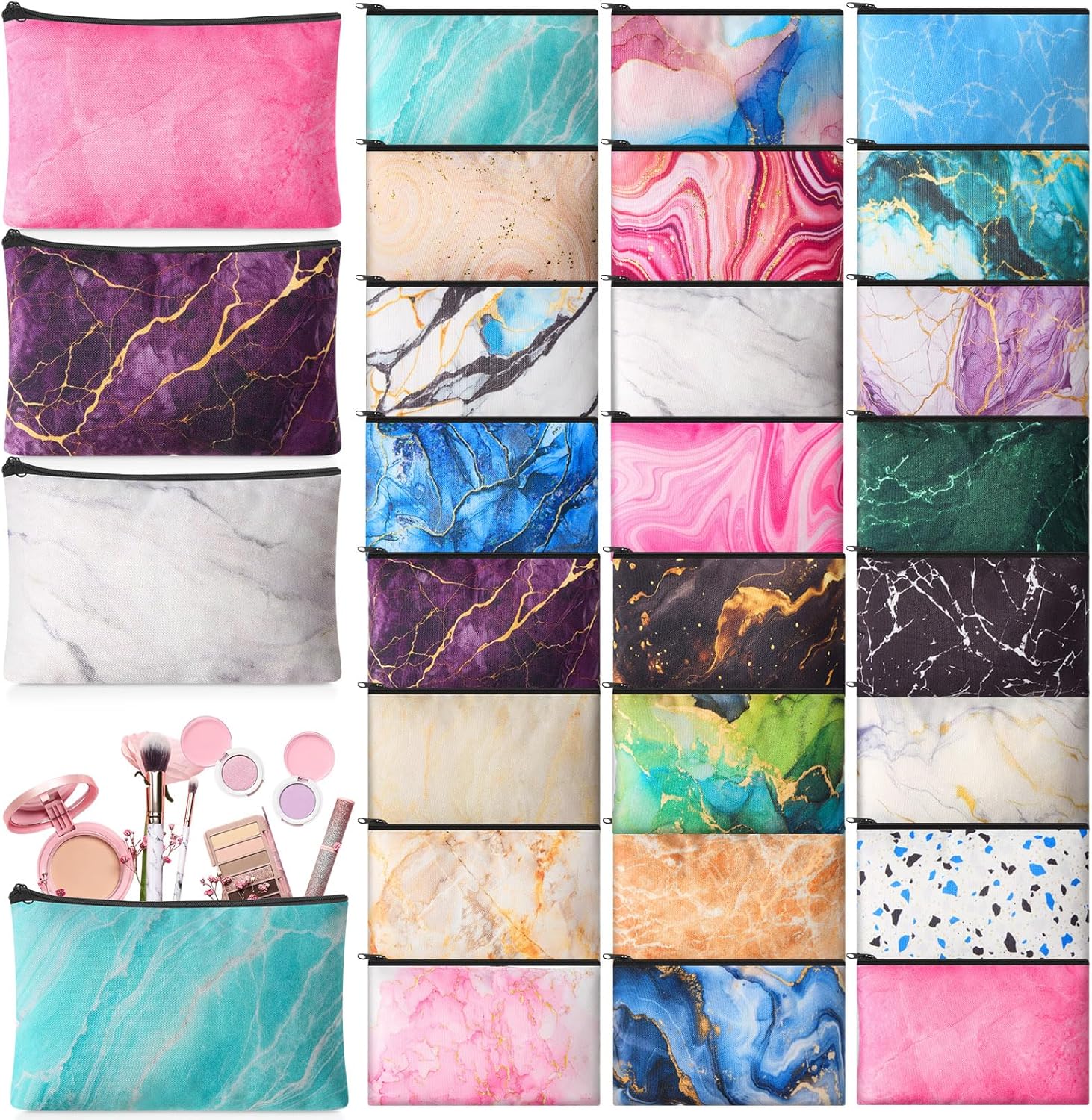 Meanplan 24 Pcs Marble Cosmetic Bags Marble Makeup Bags Toiletry Pouch with Zipper Travel Cosmetic Organizer for Women and Girls 24 Styles