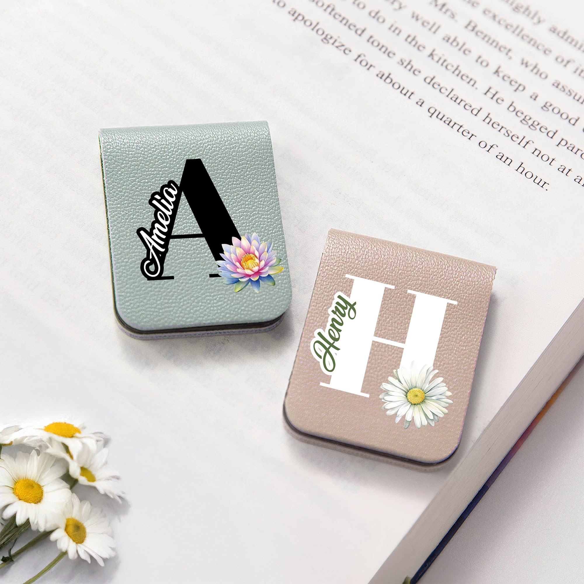 callie Personalized Watercolor Birth Flower Magnetic PU Leather Bookmark Clip with Name and Initial, Reading Birthday Gift for Book Lovers Bookworms (Initial Name)