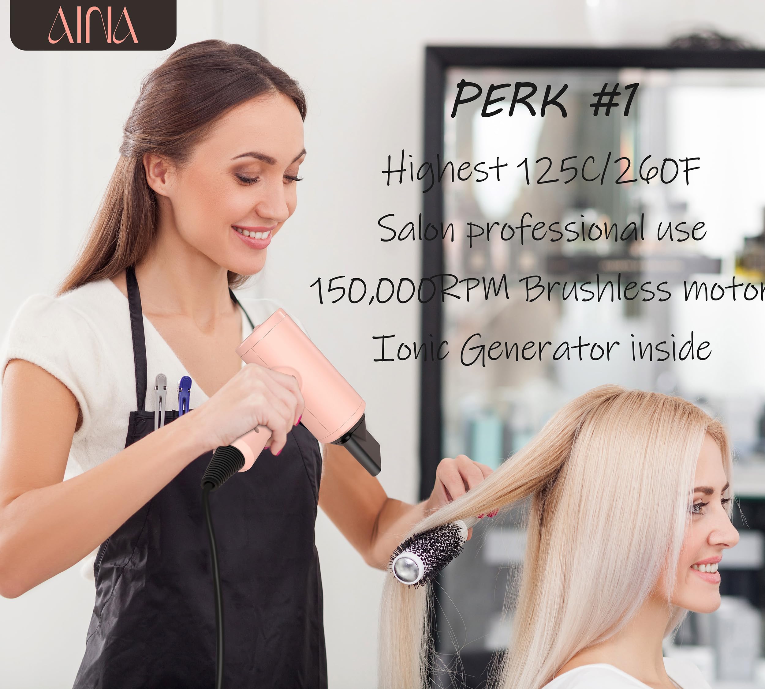 Secador de pelo AINA Pro Salon (nueva tecnología),2300W con peine difusor para mujeres | BLDC | Motor sin escobillas de 150,000 rpm | Iónico | Pantalla LED | 4 accesorios magnéticos 230V/EU(rosa)