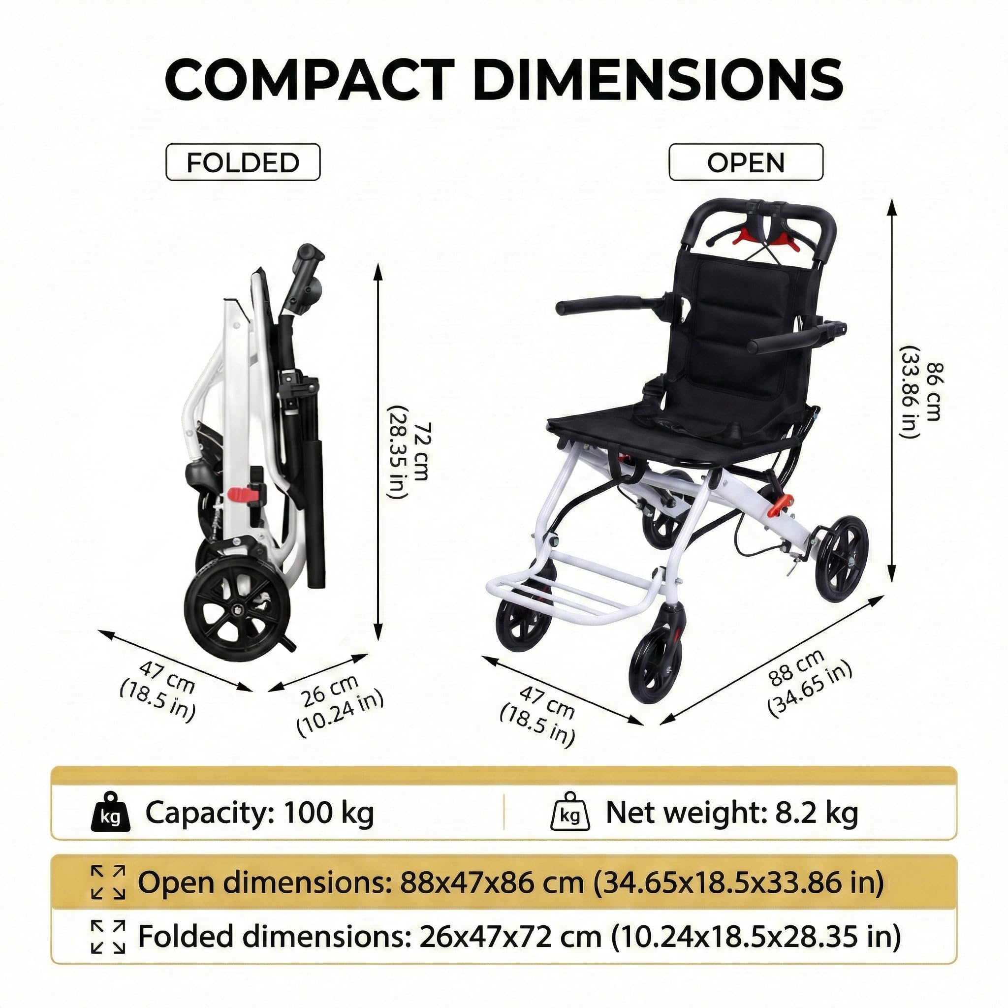 Silla de ruedas plegable de viaje (solo 18 libras), silla de ruedas plegable ligera de 15.8 pulgadas de ancho, silla de ruedas de transferencia para ancianos, hospital, aprobada por aviones, para