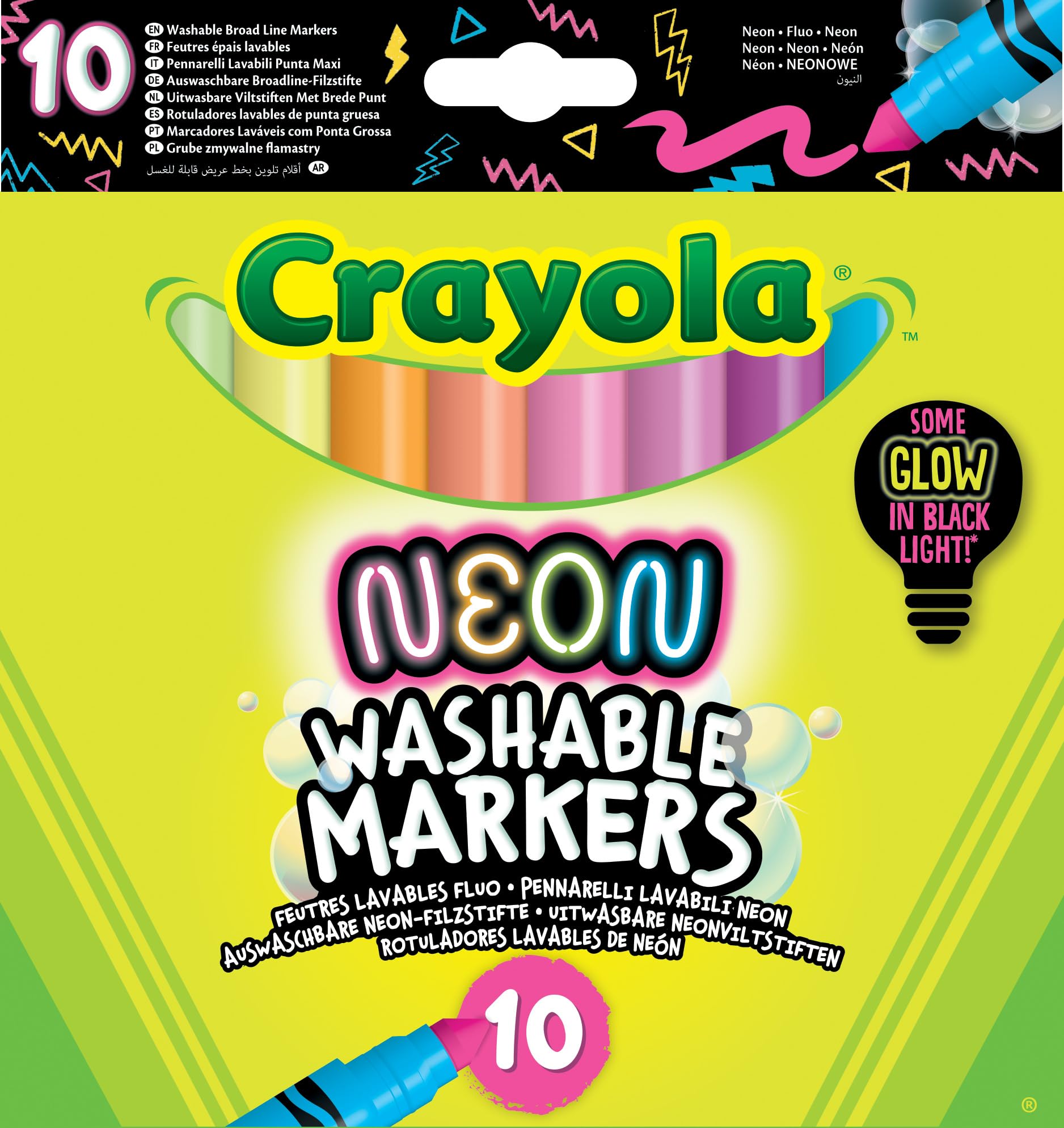 Crayola - Flamastry NEONOWE, zestaw 10 lśniących kolorów, dla dzieci od lat 3, do kreatywnych prac plastycznych, 58-8746