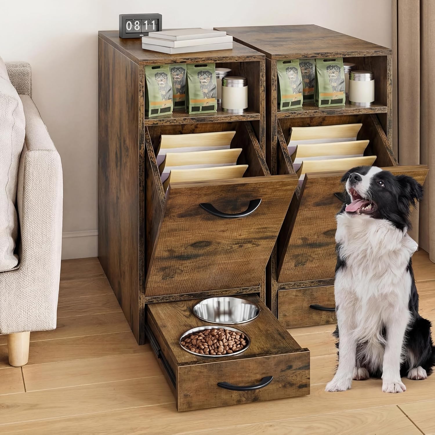 DWVO 30.6" Dog Feeding Station with Storage, Tilt-Out Dog Food Cabinet with 4 Feeder Bowls, Pull Out Elevated Dogs Bowl, Rustic Brown