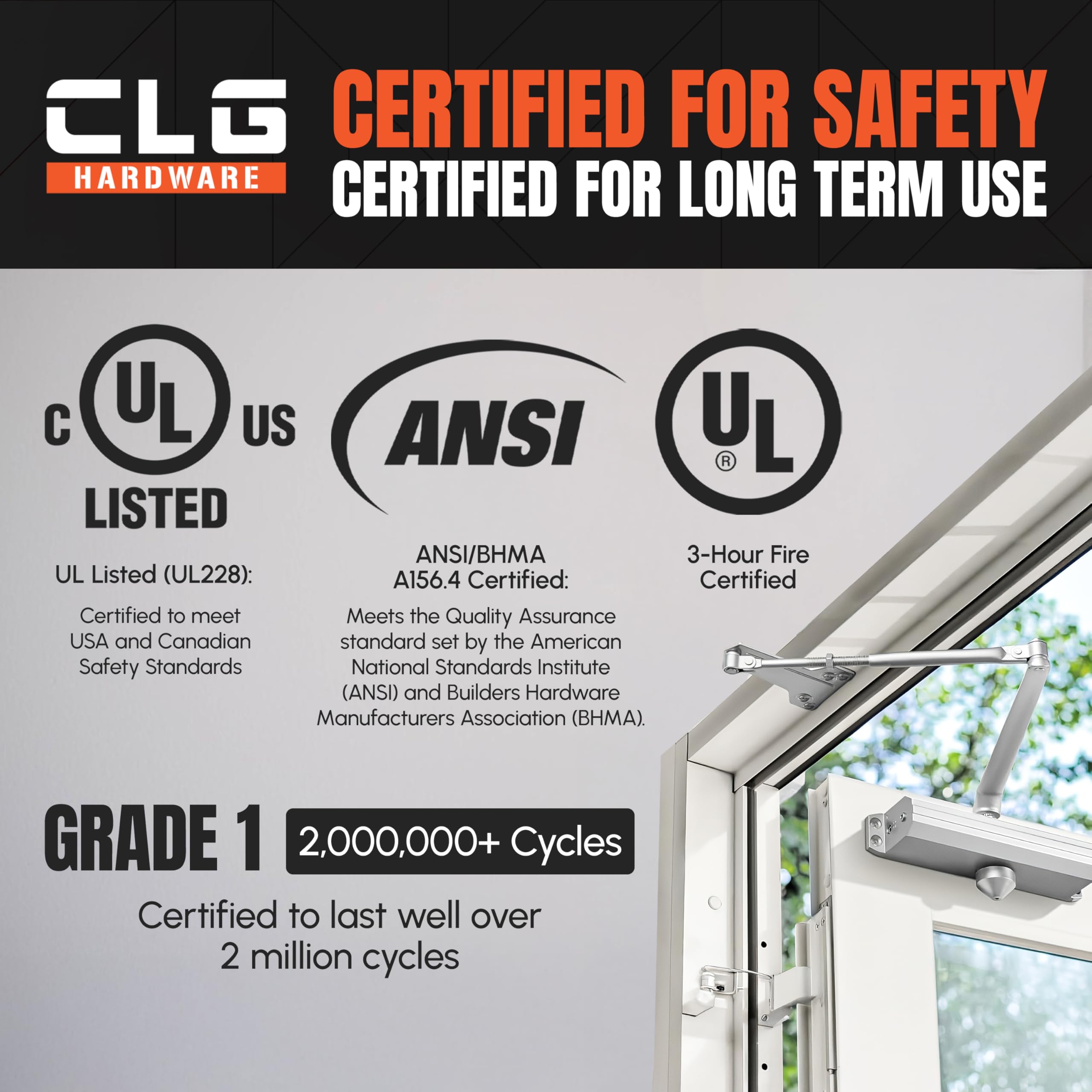 CLG HARDWARE Średni/wytrzymały komercyjny samozamykacz DC7016 - montowany na powierzchni, klasa 1 - ADA i UL 3-godzinny ognioodporny, regulowany rozmiar 1-6 do wejść i aluminiowych witryn sklepowych -