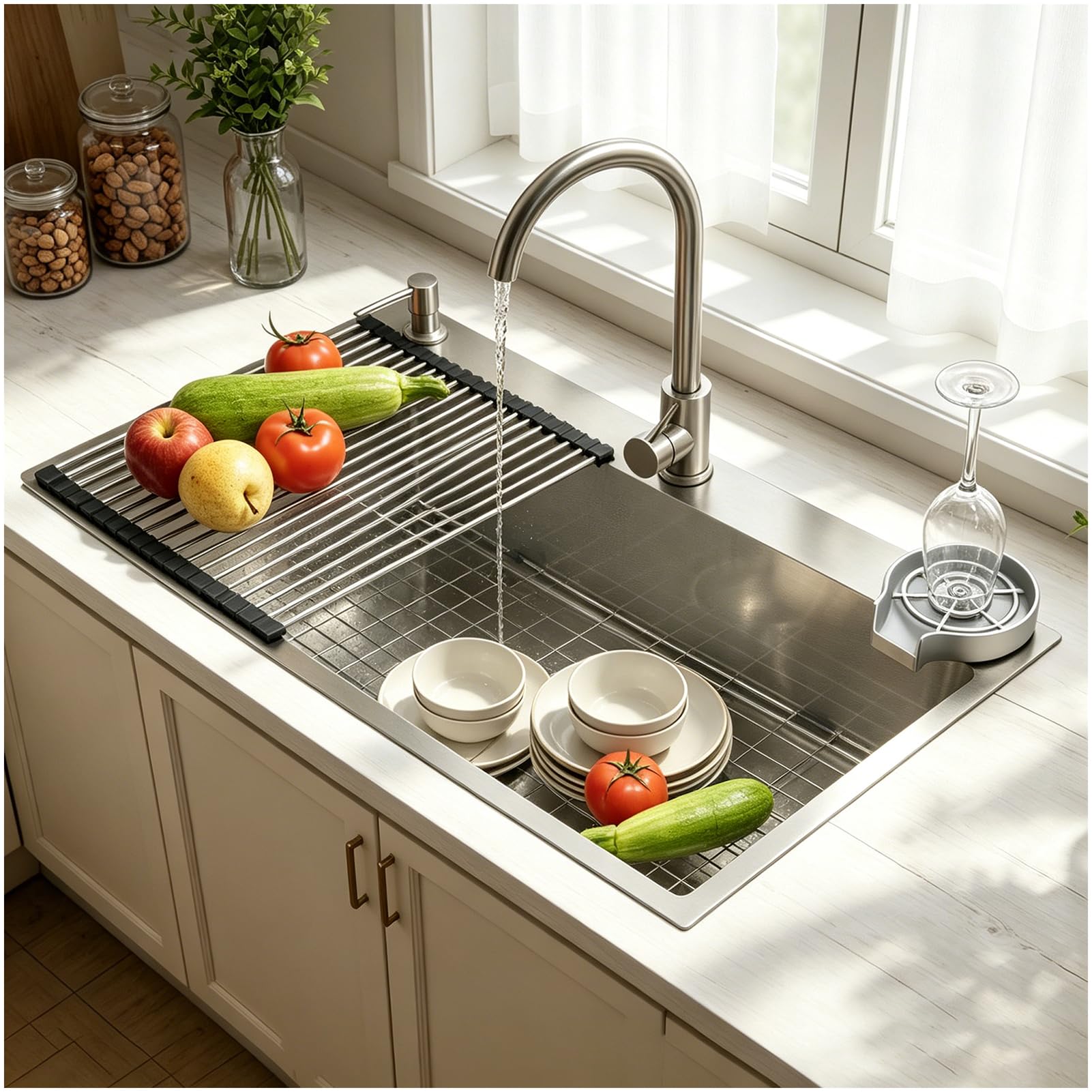 OMGMTSTORE Kitchen Sink 70x50 cm, Large Stainless Steel Sink with Soap Dispenser and Siphon, XL Kitchen Sink, Rectangular Sink with Worktop, Kitchen with 3 Holes for