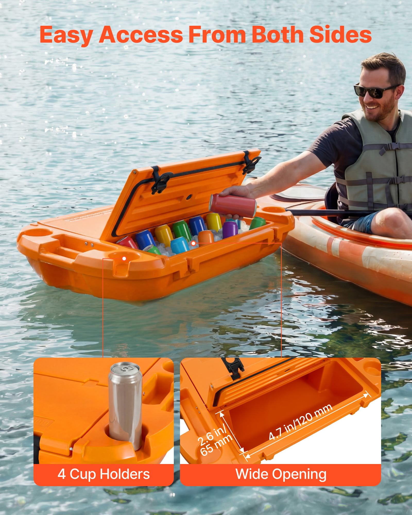 VEVOR Glacière Flottante 37,9 L, Bar Flottant Rigide en LLDPE, pour Boissons Fraîches sur l'eau et Terre Piscine Plage, Glacière Amphibie avec Compartiment Sec et Corde de Remorquage, Orange