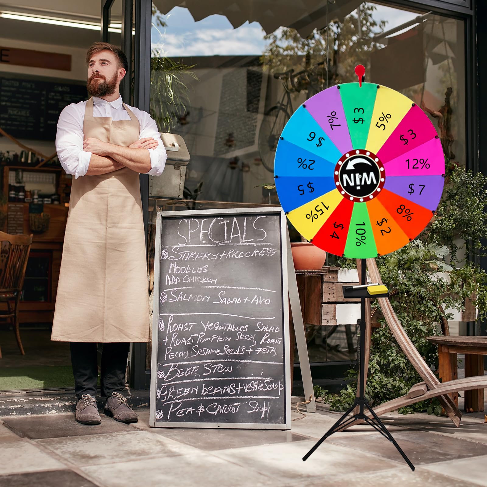 Roue de Fortune 61cm avec Trépied, Roue de Prix 14 Grilles, Hauteur Réglable 100-160 cm, avec Stylo Effaçable, Gomme et Pointeur, Prize Wheel pour Fêtes, Loterie et Activités