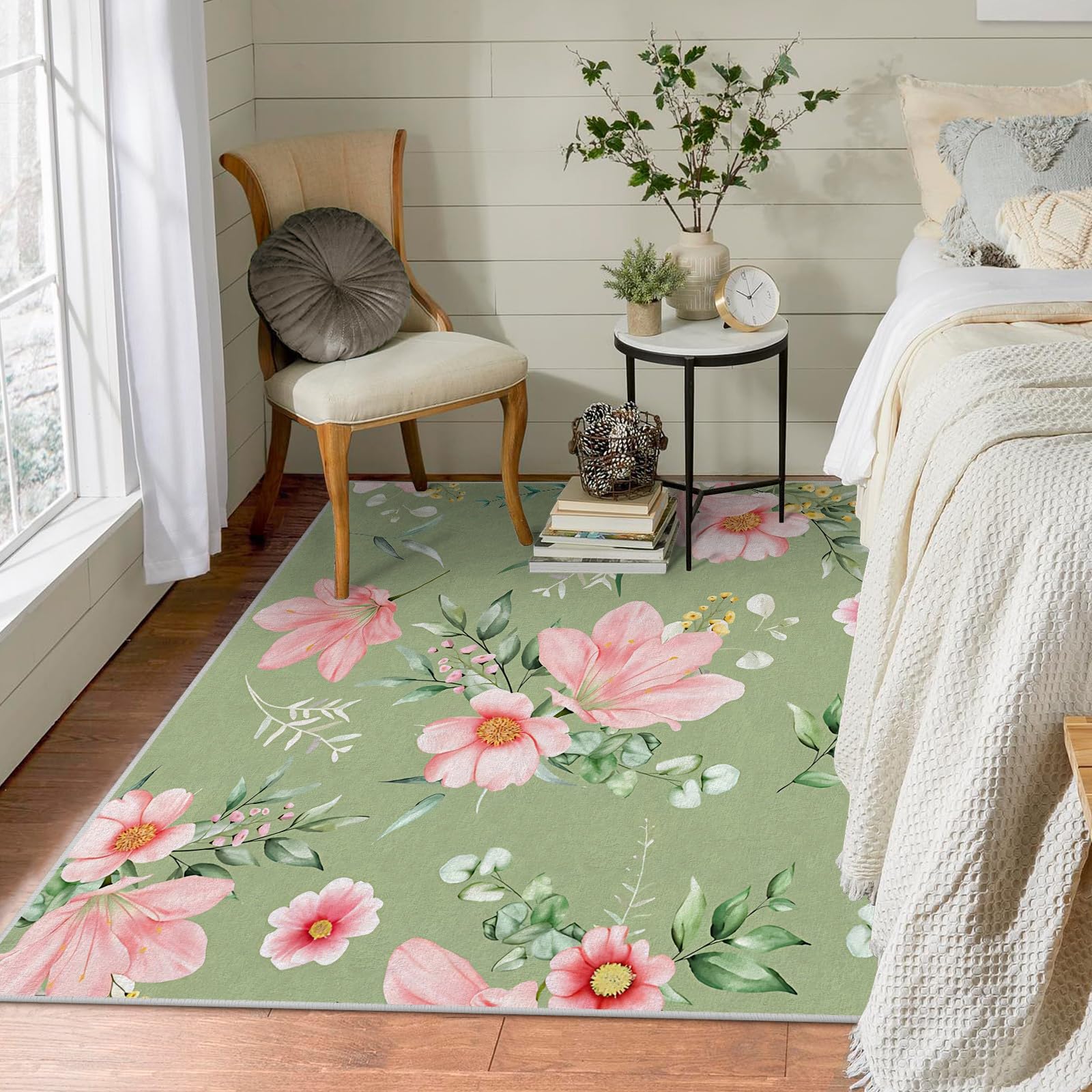 緑色 花柄 ラグ・カーペット　10％値下げしました Amazon | ピンクの花 ラグマット 120x160 緑の植物柄 カーペット 洗濯