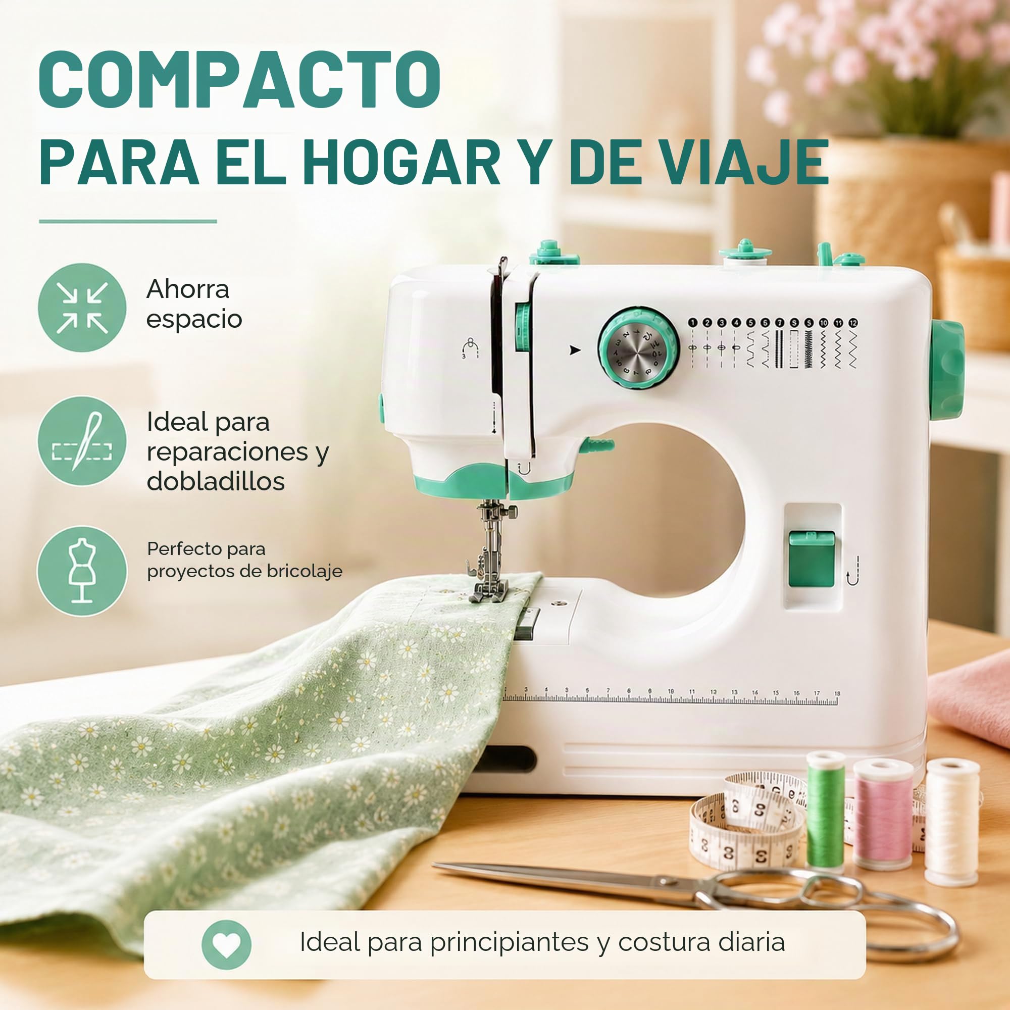 Pequeña máquina de coser eléctrica portátil para principiantes, 12 programas de costura, iluminación LED, juego de accesorios de 42 piezas, ideal para viajes