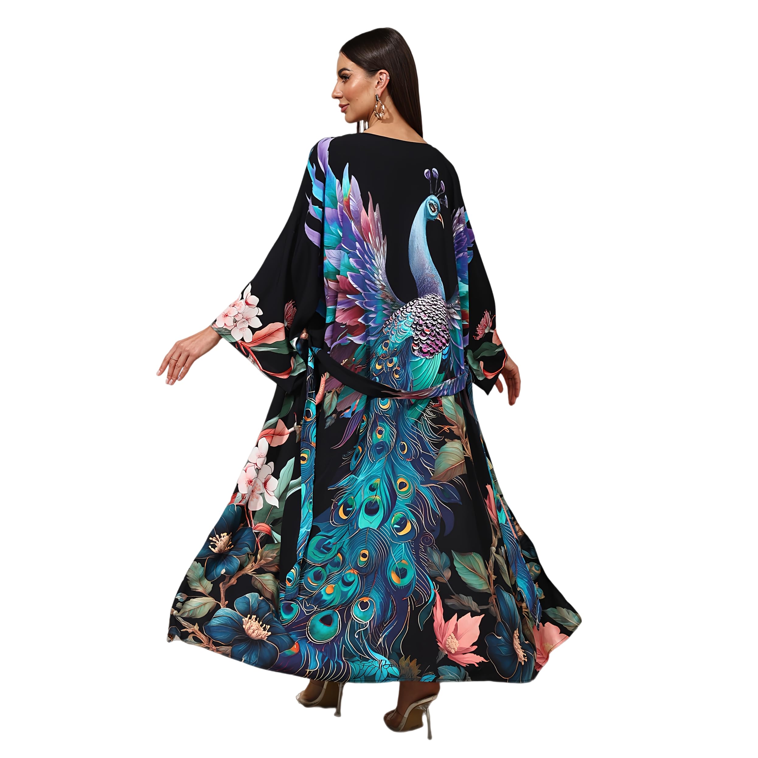 Swimsuit Coverups for Women Long Kimonos Robes Peocock Flower Printed Boho Beach Cover Ups Summer Holiday Sarong Wraps