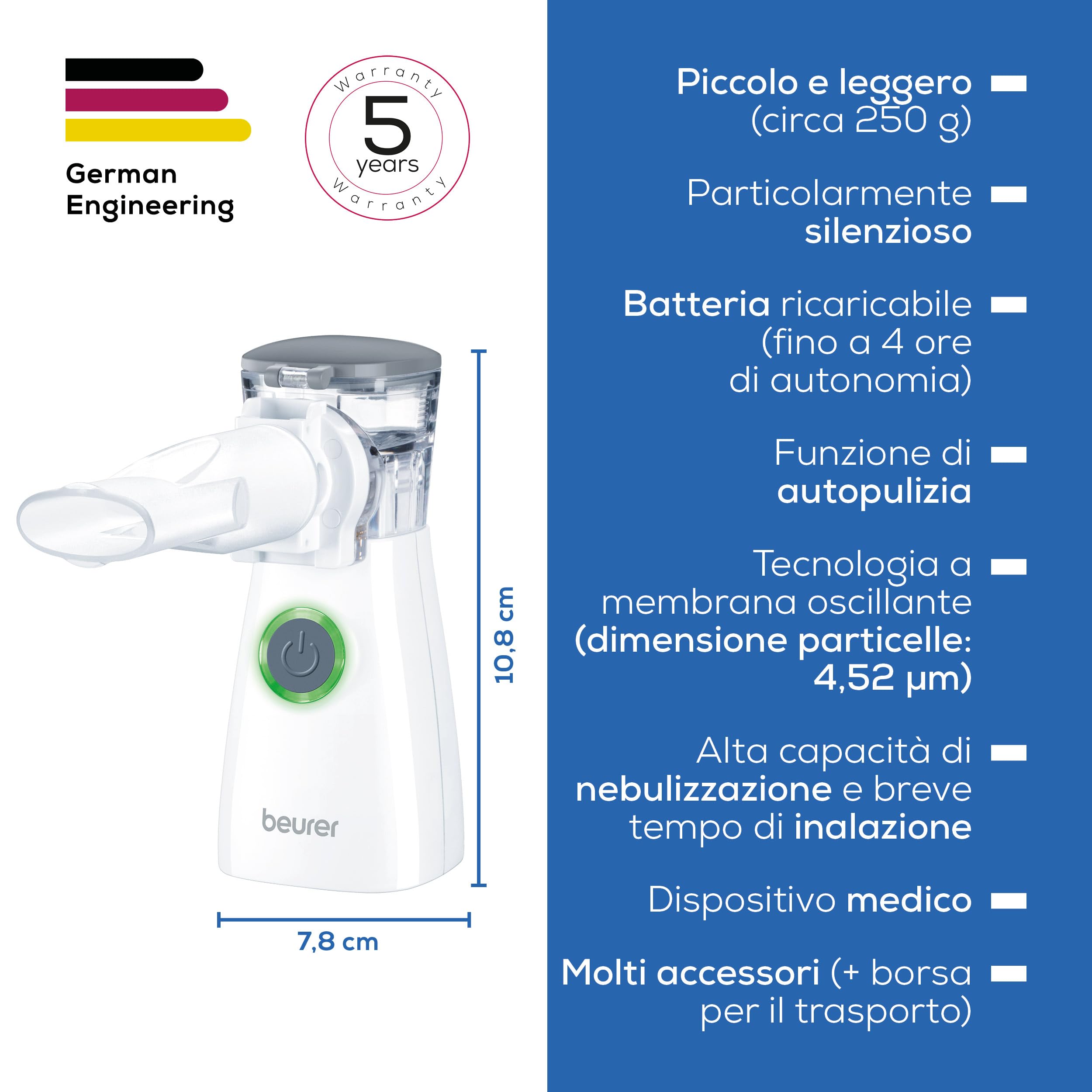Beurer Aerosol Ih 57 Inalatore con Membrana Vibrante e Tecnologia Aerosol Intelligente per un'Inalazione Ancora Efficiente, Orientabile In Modo Flessibile Fino a 45°, Tempo di Inalazione Breve
