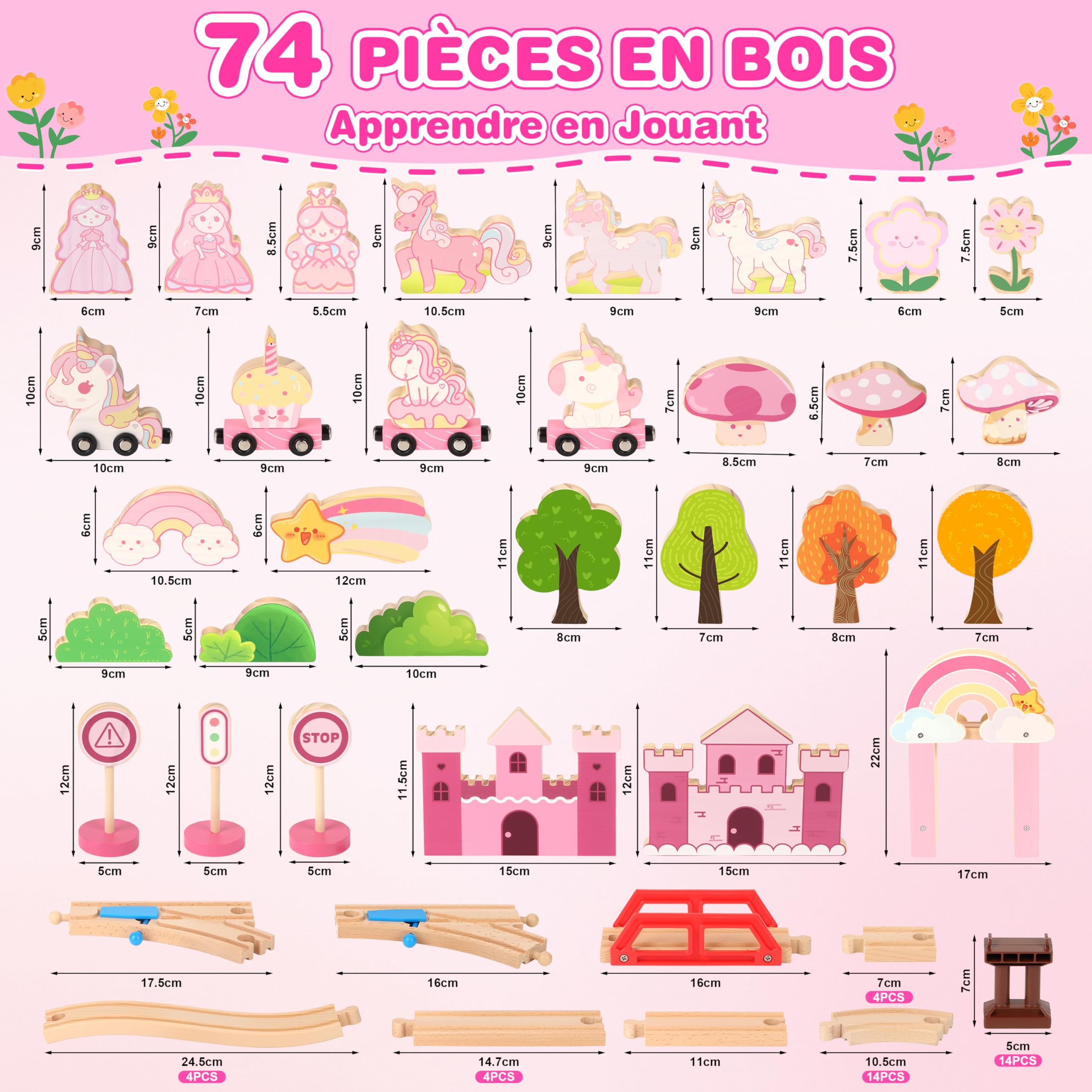 MOMOSTAR 74 Pièces Thème Licorne Rose Circuit Train Bois Enfant, Licorne Cadeau Fille 3 4 5 Ans Comprend des Ornements Tels Que des Châteaux, des Licornes Et des Princesses, Jouet Fille 3-5 Ans
