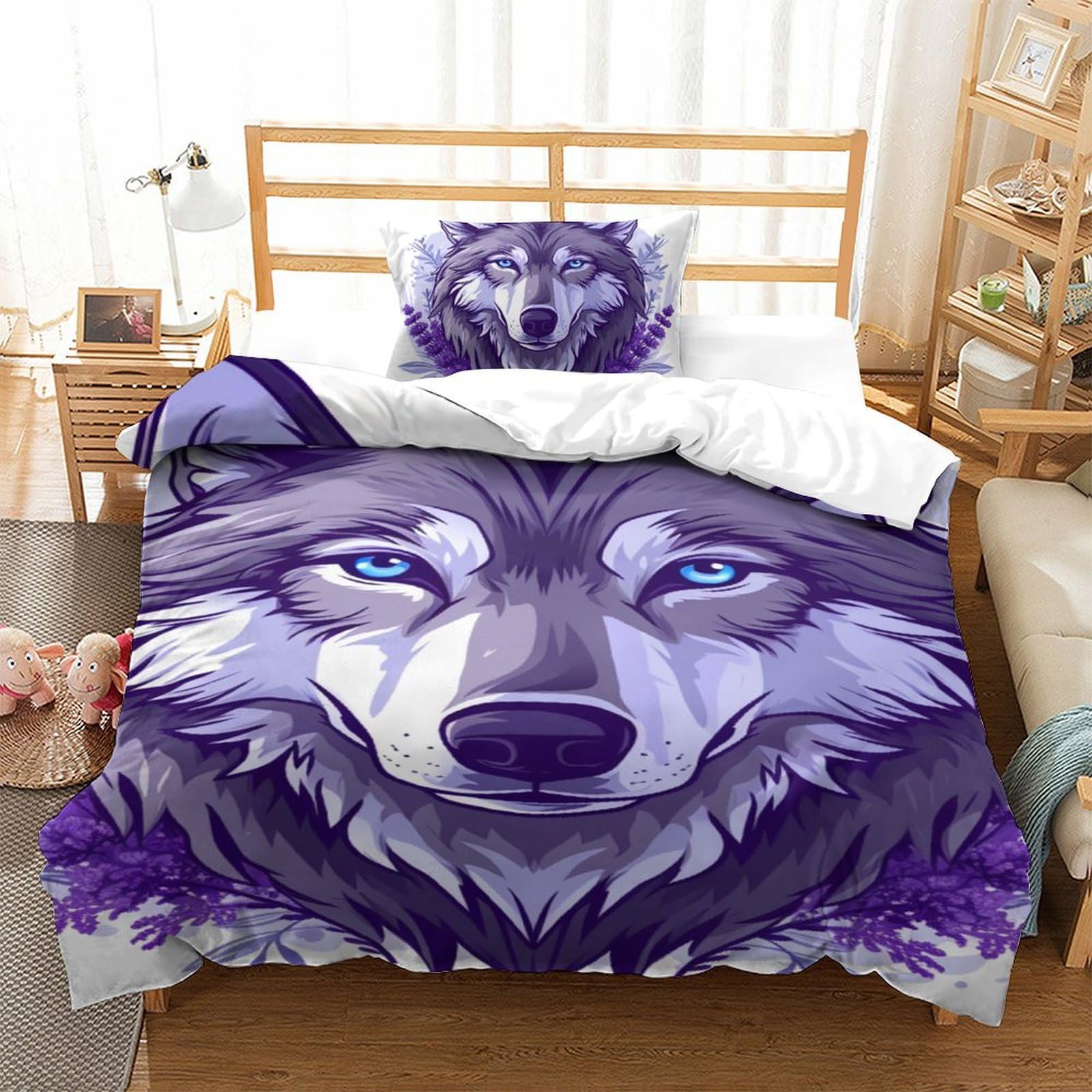 Parure lit loup 3D sans repassage en microfibre super douce 135x200 cm anti-plis
