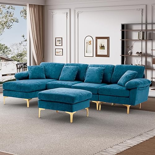 U-Shaped Sectional Sofa Couch, 114" Comfy Convertible 4 Seat Sofa with Chaise Lounge & Ottoman, Modern Oversized Deep Seat Sleeper Sofa Set for Living Room Apartment, Teal Blue Velvet