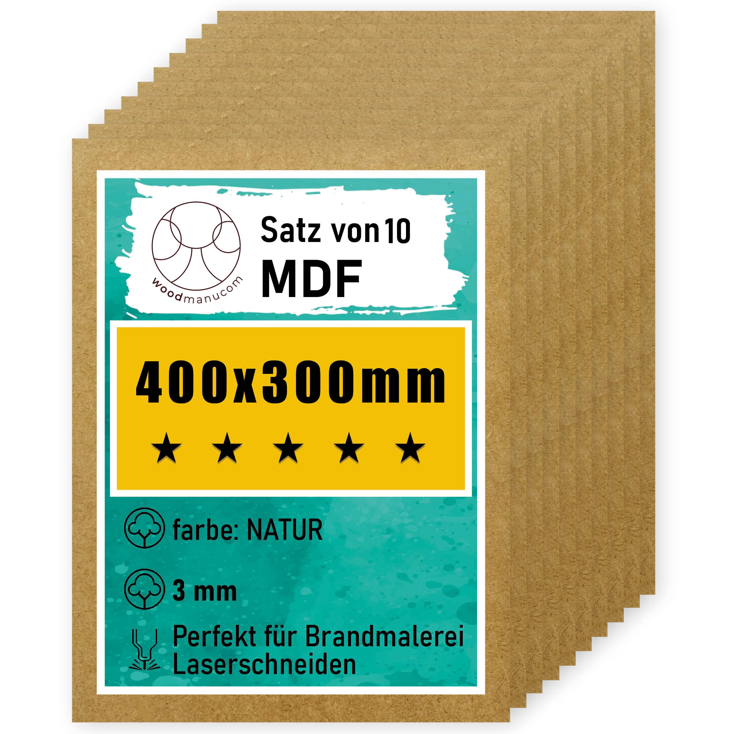 MDF Platten | 400 x 300 x 3 mm | Bastelplatte Dünne Holz-Platten | Perfekt für Laser, CNC Router, Laubsäge, Modellierung (10 Stück natürlich)