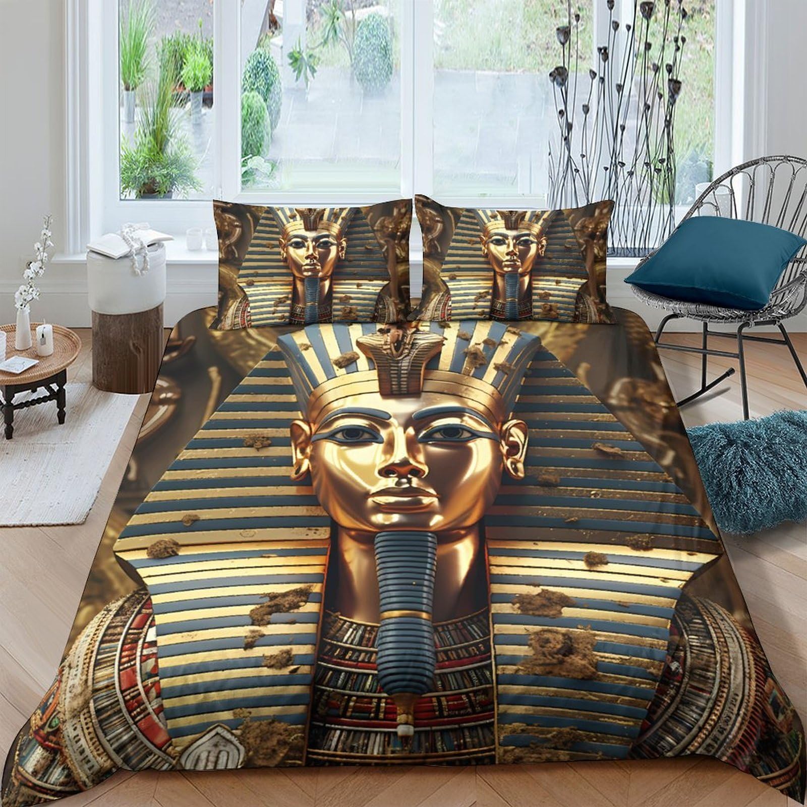 Ctjqhvkz Style-8 3D Printed Egyptian Pharaoh Fitted Sheet Microfiber Gold Blue Ancient Mask Bed Cover For Bedroom Guest Room Decor Single（135X200cm）