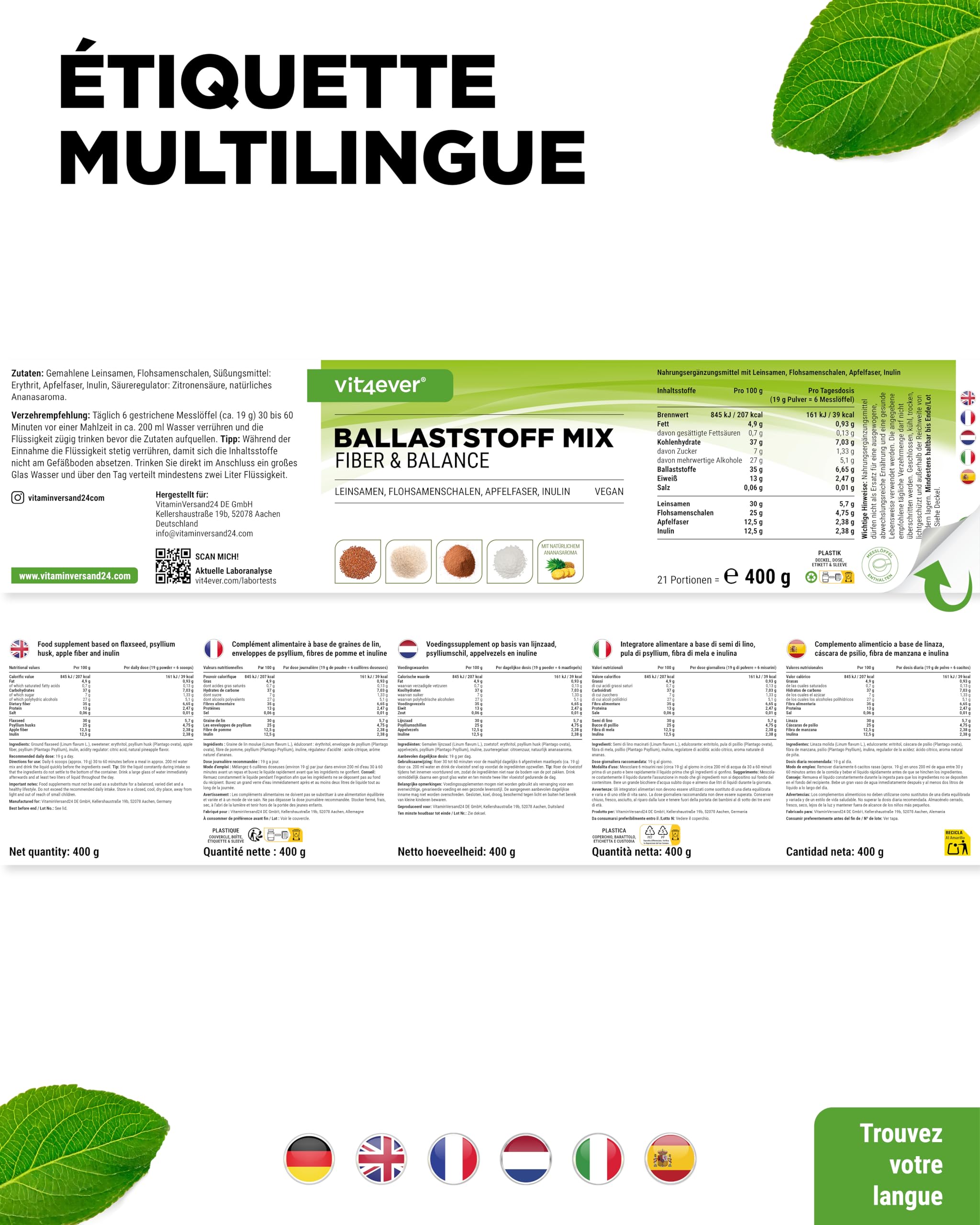 vit4ever Mélange de Fibres - 400 g de Poudre avec Téguments de Psyllium, Inuline (Prébiotique), Fibres de Pomme, Graines de Lin - Riche en Fibres - Végan - Arôme Naturel d’Ananas - Qualité Premium