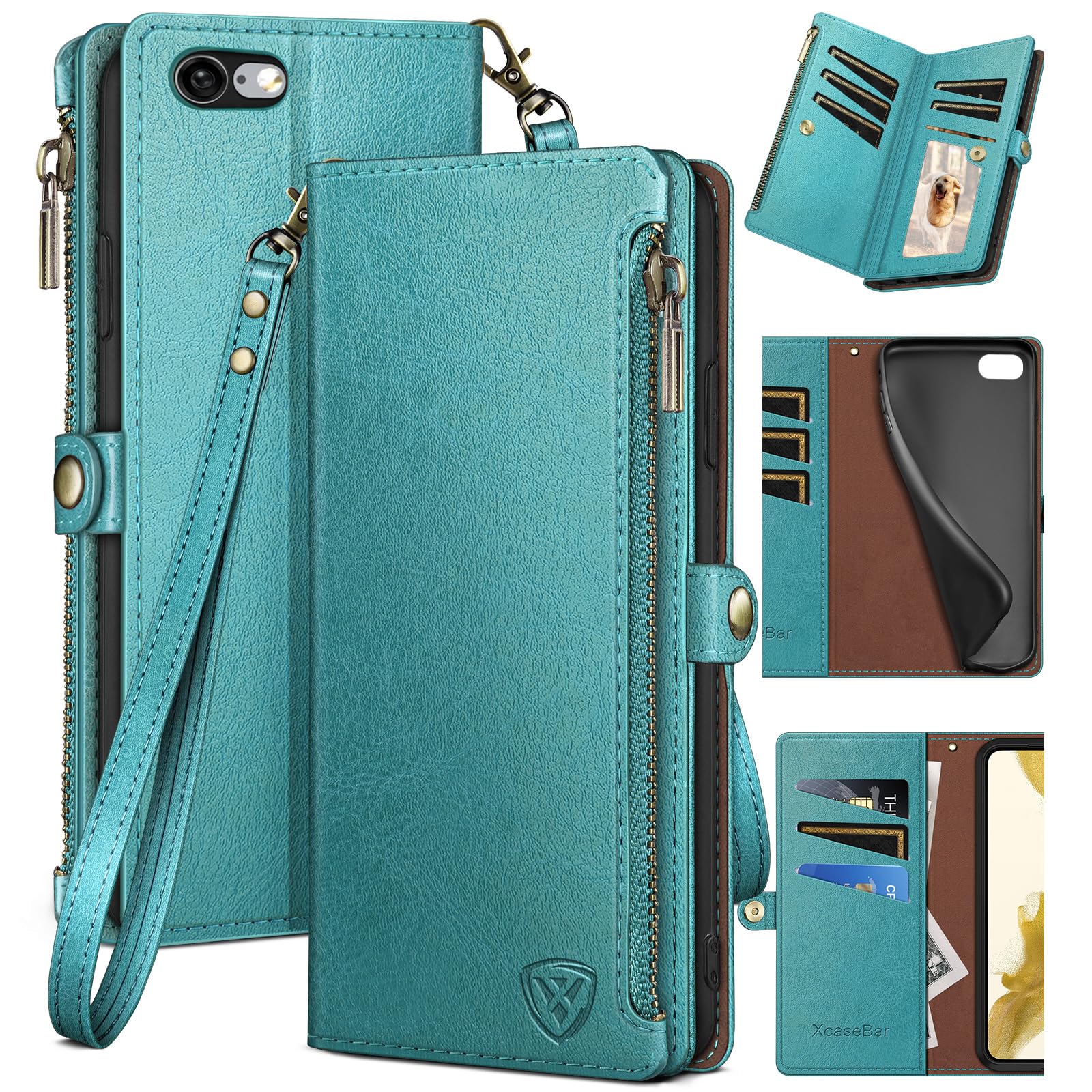 XcaseBarXcaseBar for iPhone 6S Plus/6 Plus 5.5" Wallet case with Zipper Credit Card Holder【RFID Blocking】, Flip Folio Book PU Leather Phone case Shockproof Cover Women Men for Apple 6S Plus case Blue Green
