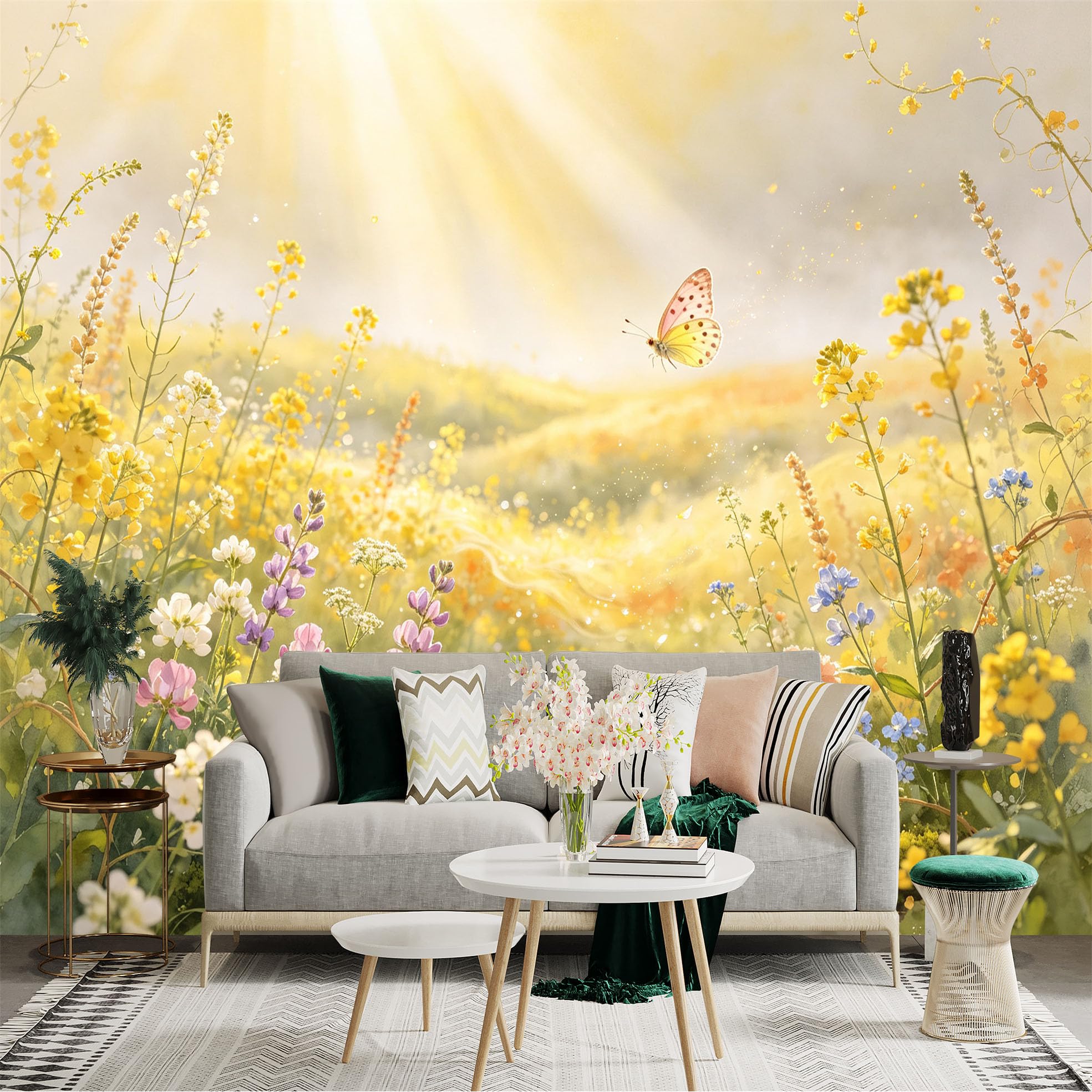 Lnzczhyre Bh260719009 Custom Size Wall Sticker Mural， Sunlit Wildflower Meadow， Flying Butterfly， Radiant Golden Light， For Wall Decoration， Peelandstick Wall Decals.