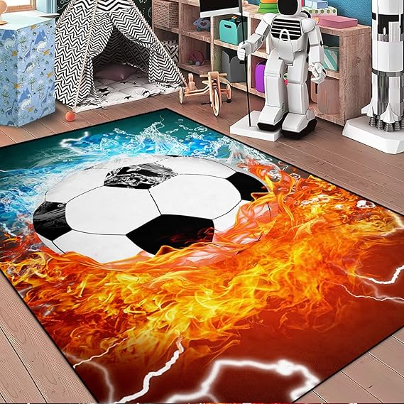 Football Rug for Boys - Water & Fire Football Rug for Boys Room Sports Carpet Rugs, 3x4 Feet