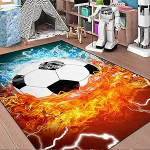 Football Rug for Boys - Water & Fire Football Rug for Boys Room Sports Carpet Rugs, 3x4 Feet