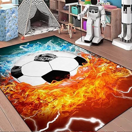 Football Rug for Boys - Water & Fire Football Rug for Boys Room Sports Carpet Rugs, 3x4 Feet