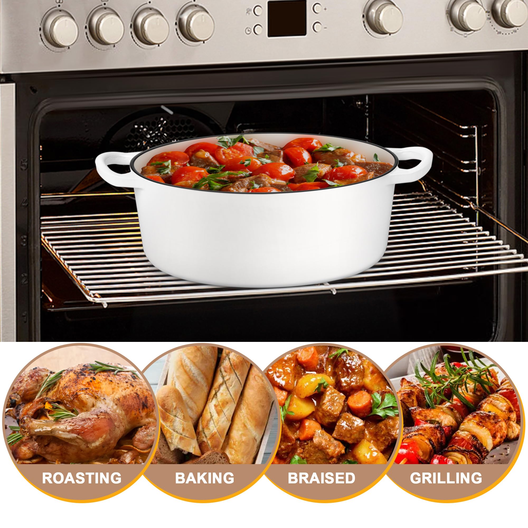 E-far 5QT Oval Dutch Oven – Enameled Cast Iron, Bread Baking, Oven Safe To 500°F, White - View #2